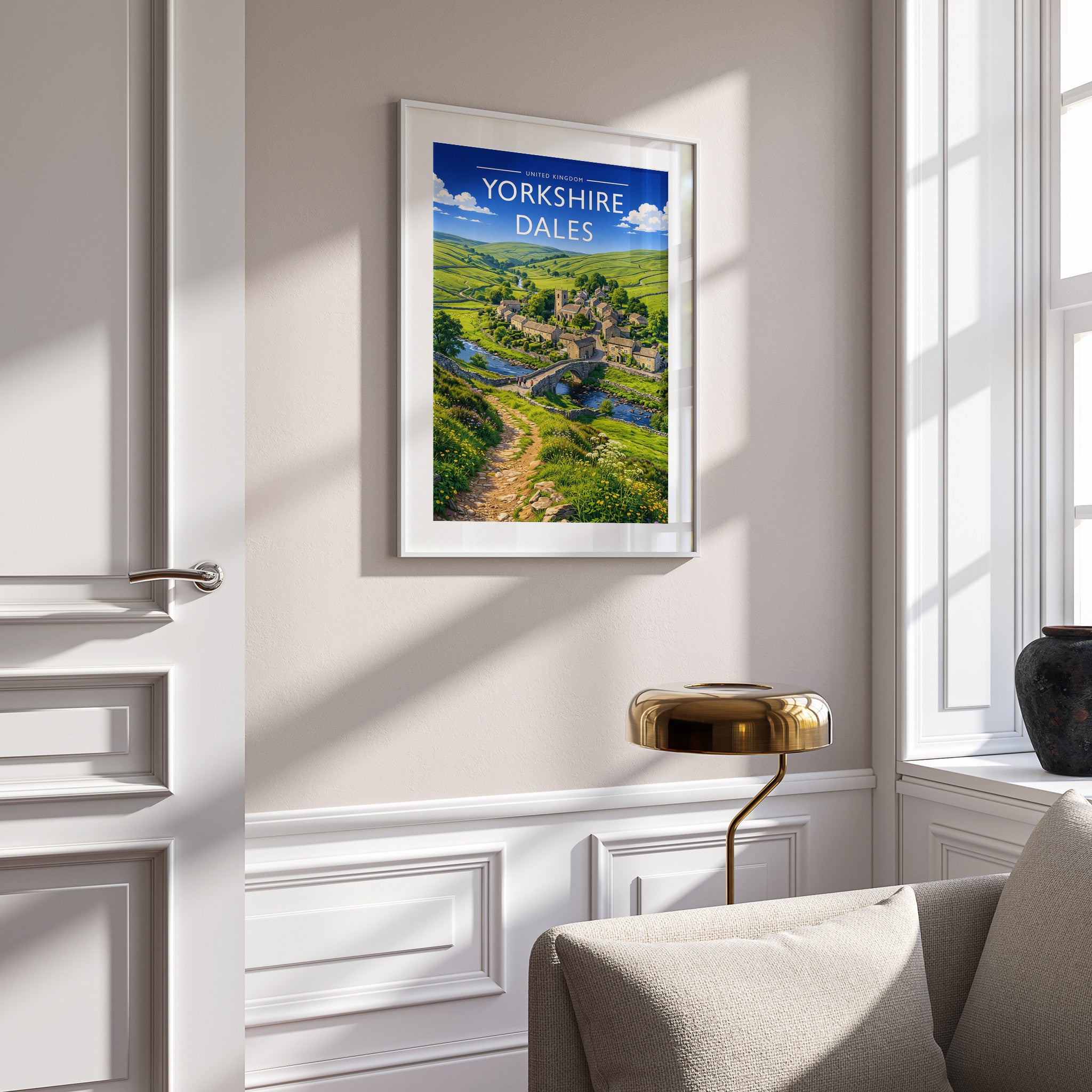 Yorkshire Dales #2 Travel Poster in a white frame on a panelled wall