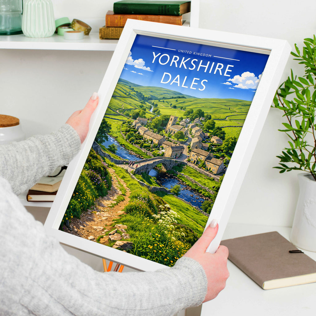 Yorkshire Dales #2 Travel Poster in a white frame, held to show scale