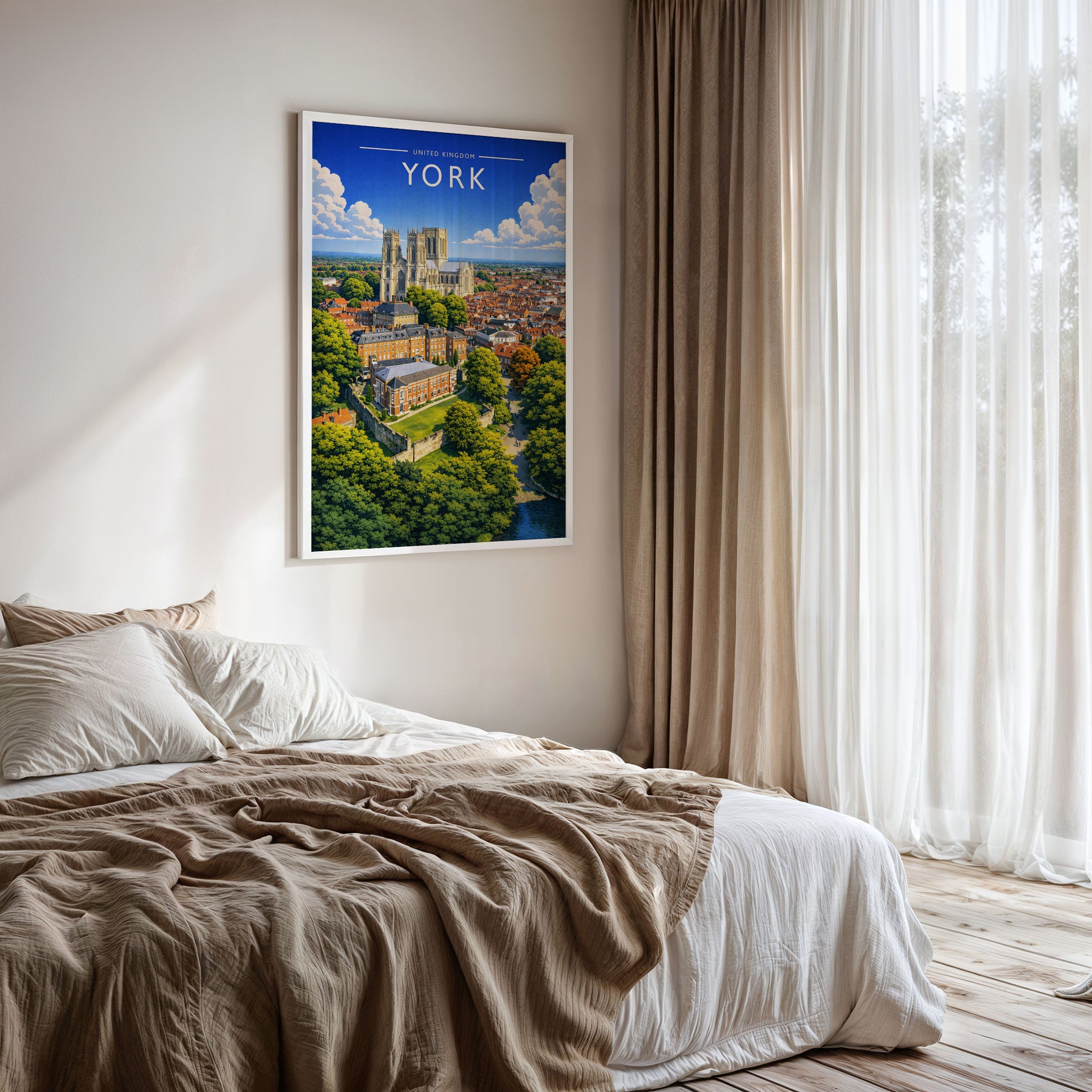 York #2 Travel Poster framed on a bedroom wall