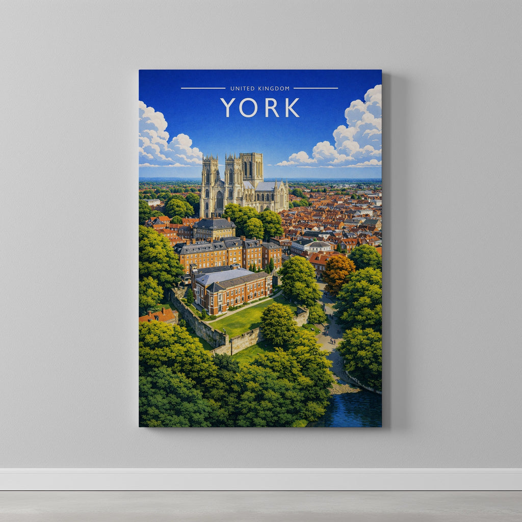 York #2 Travel Poster as a gallery-wrapped canvas on a plain wall
