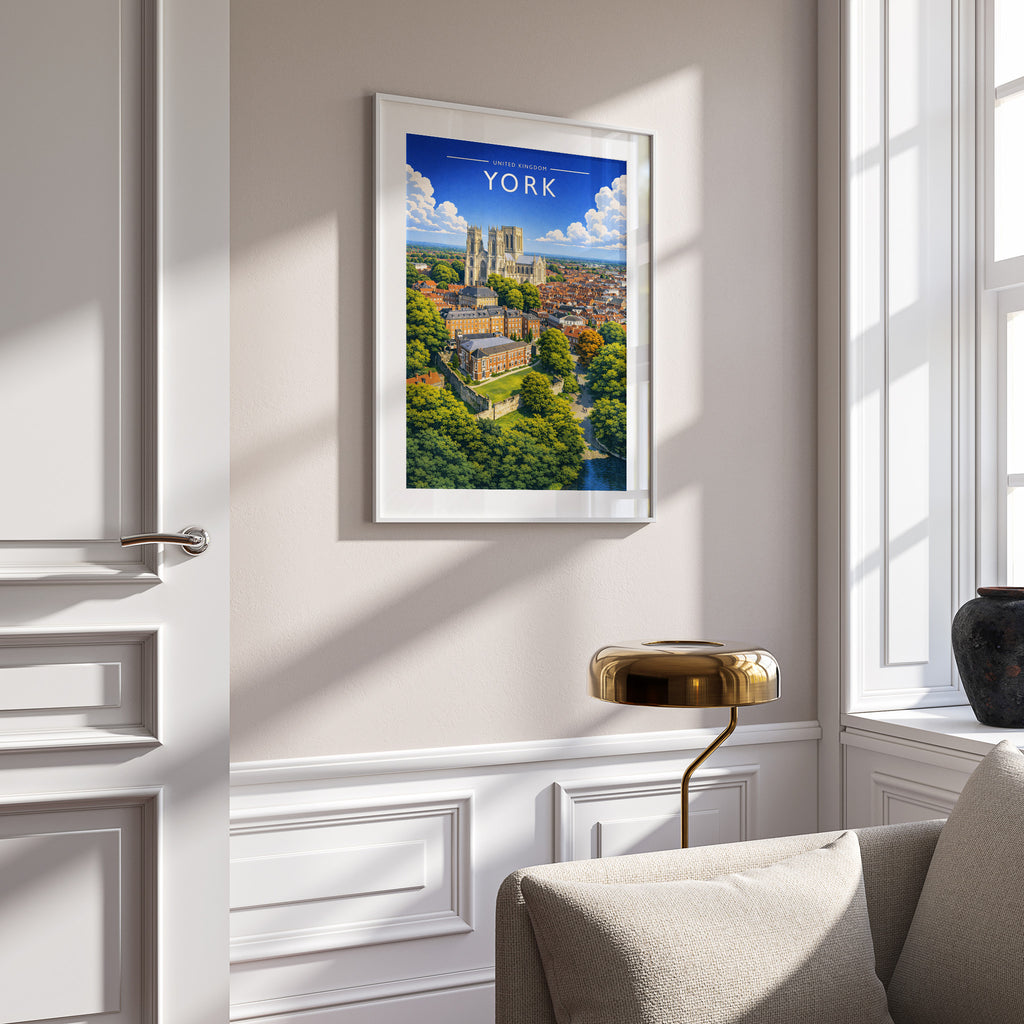 York #2 Travel Poster in a white frame on a panelled wall