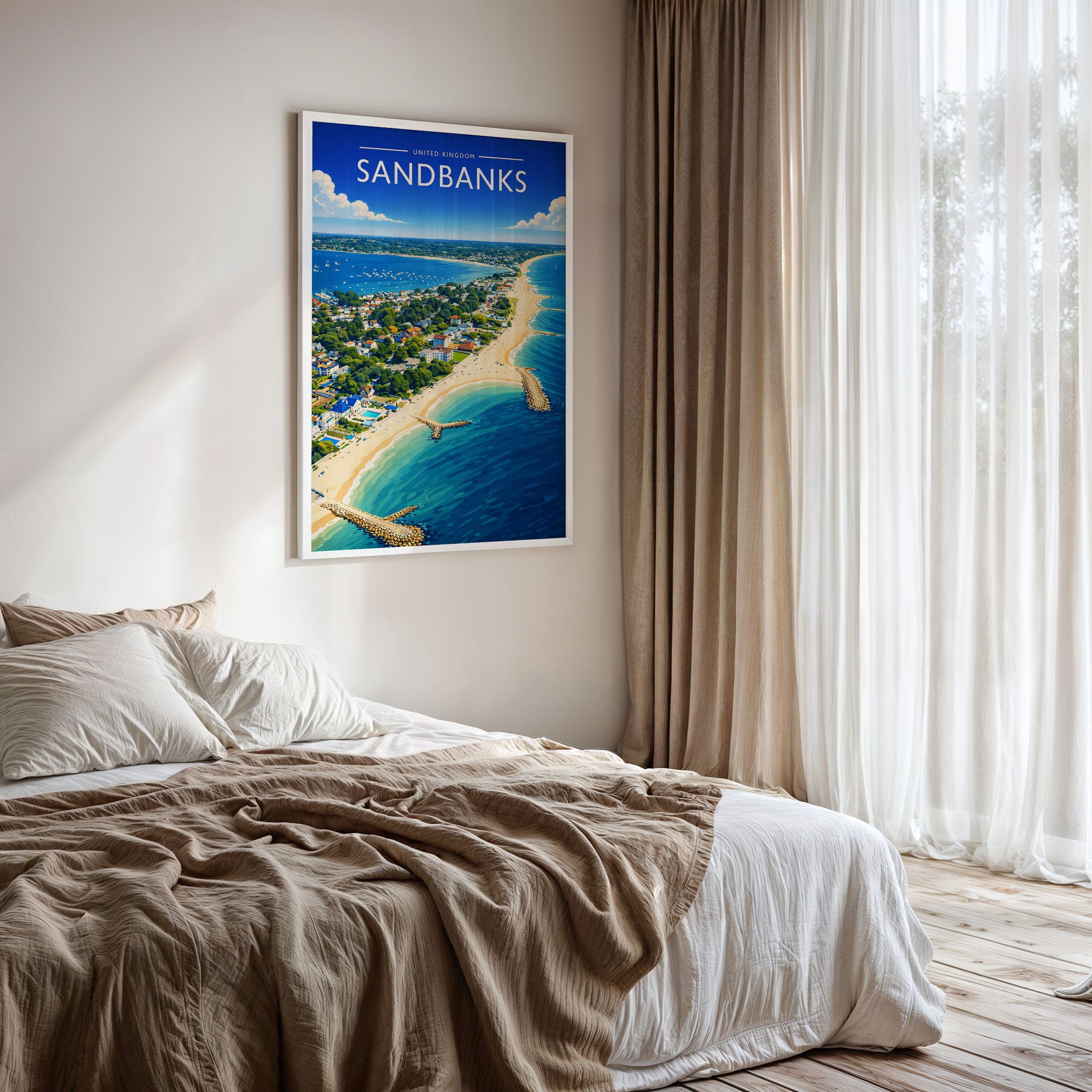 Sandbanks Travel Poster framed on a bedroom wall