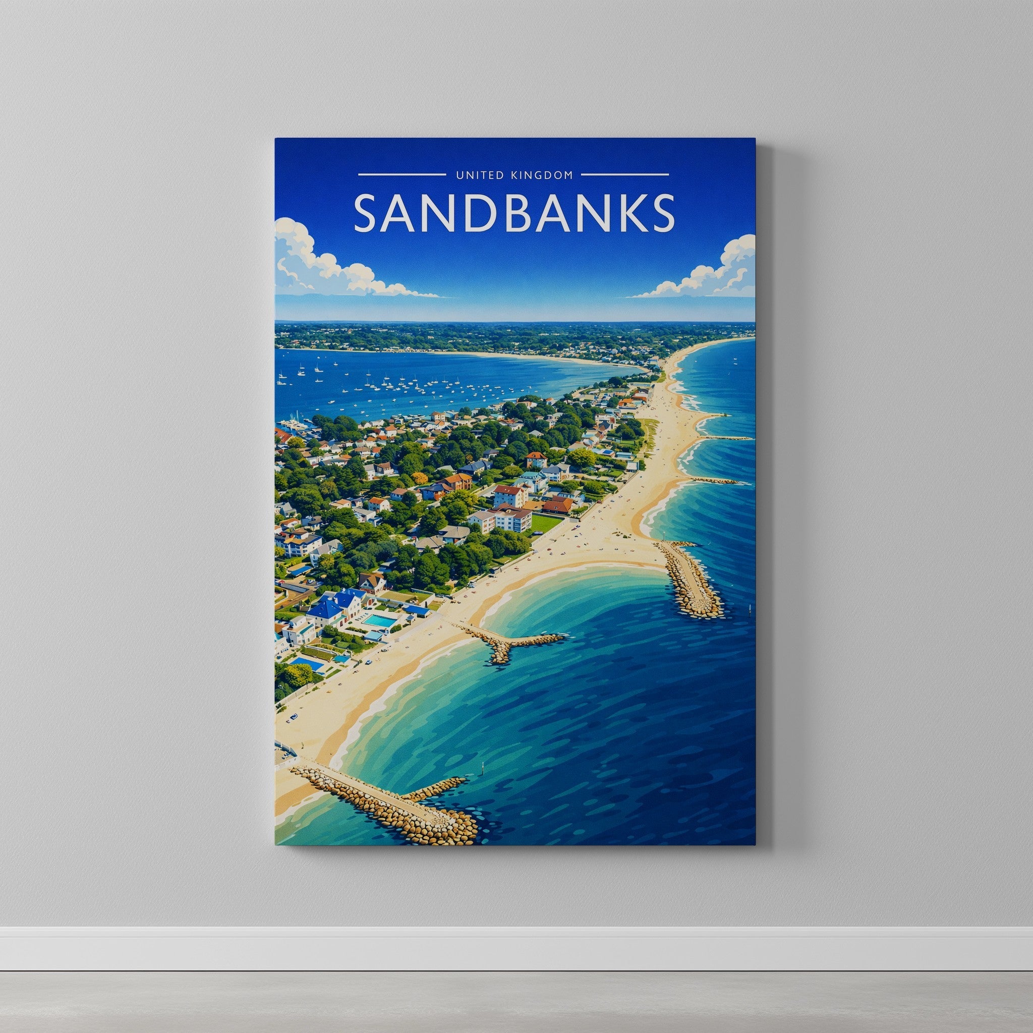 Sandbanks Travel Poster as a gallery-wrapped canvas on a plain wall