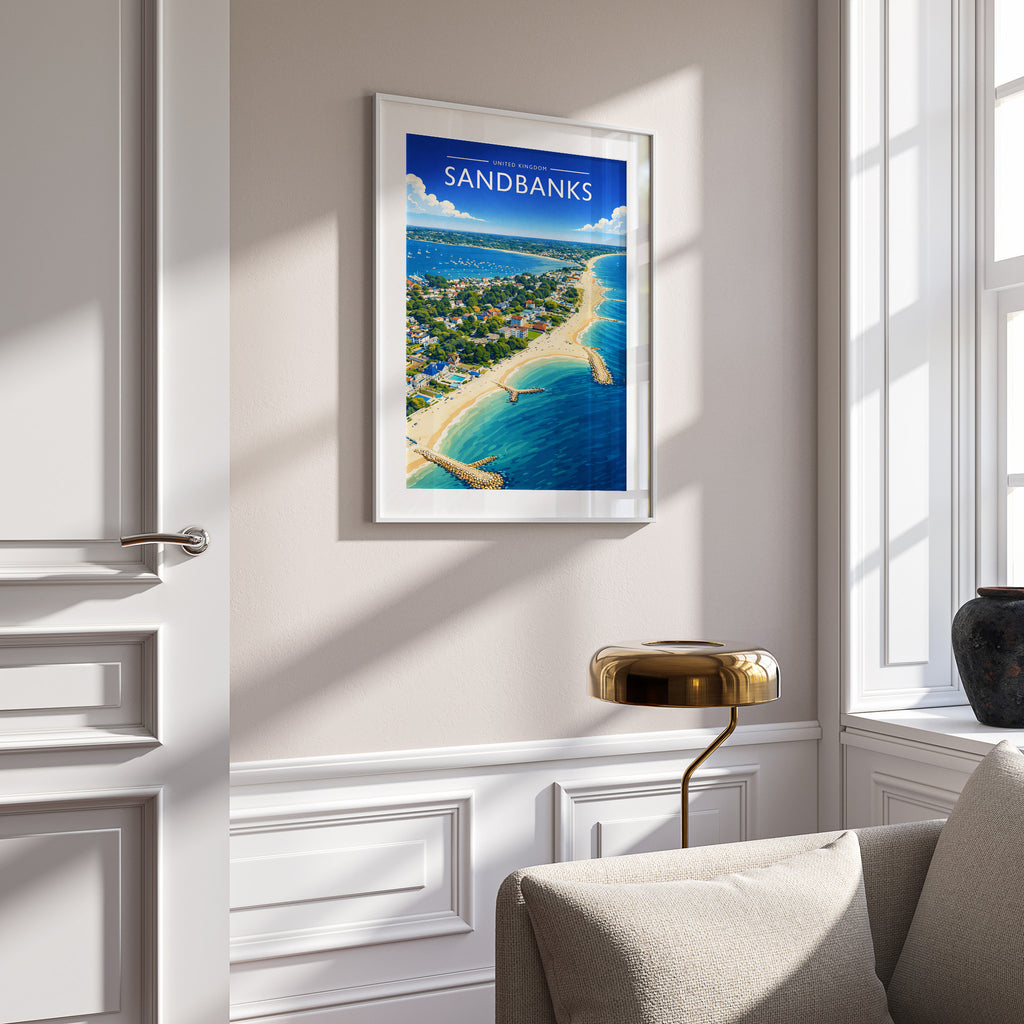 Sandbanks Travel Poster in a white frame on a panelled wall