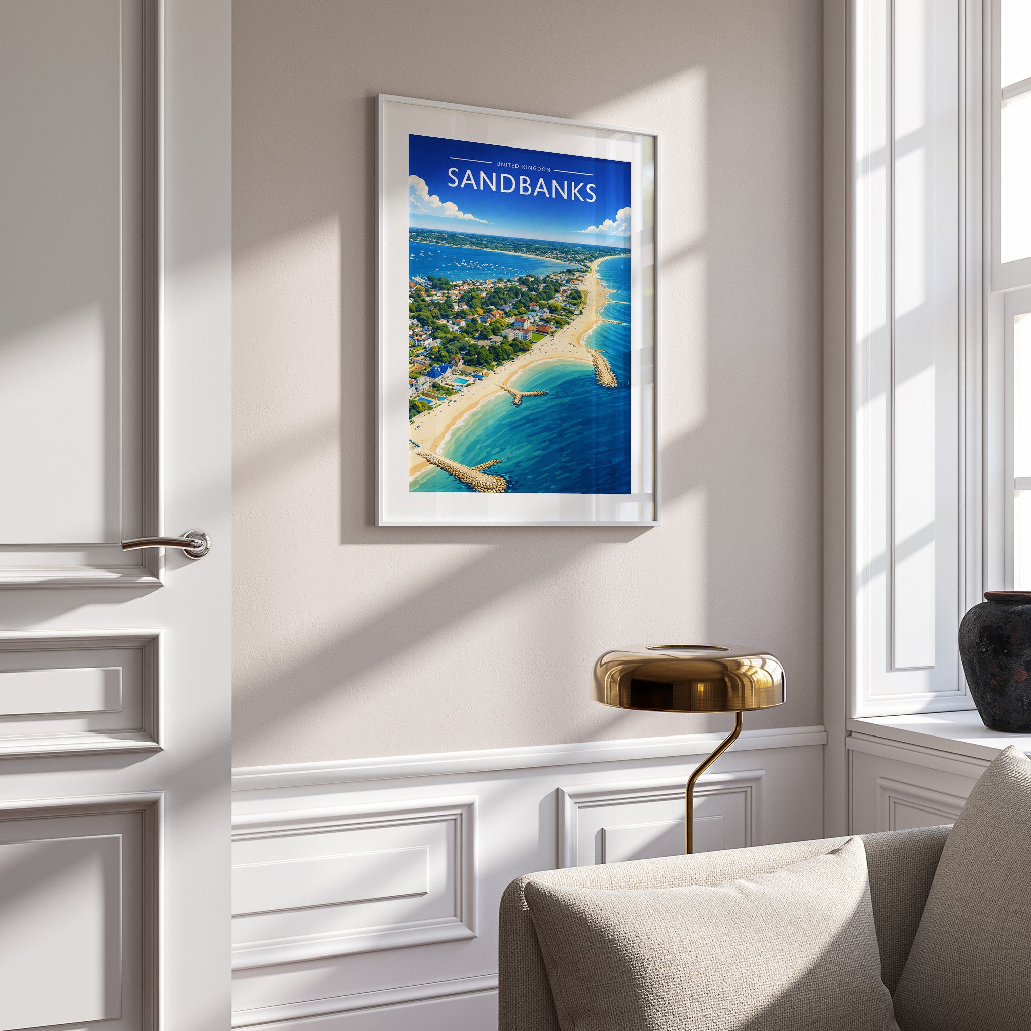 Sandbanks Travel Poster in a white frame on a panelled wall