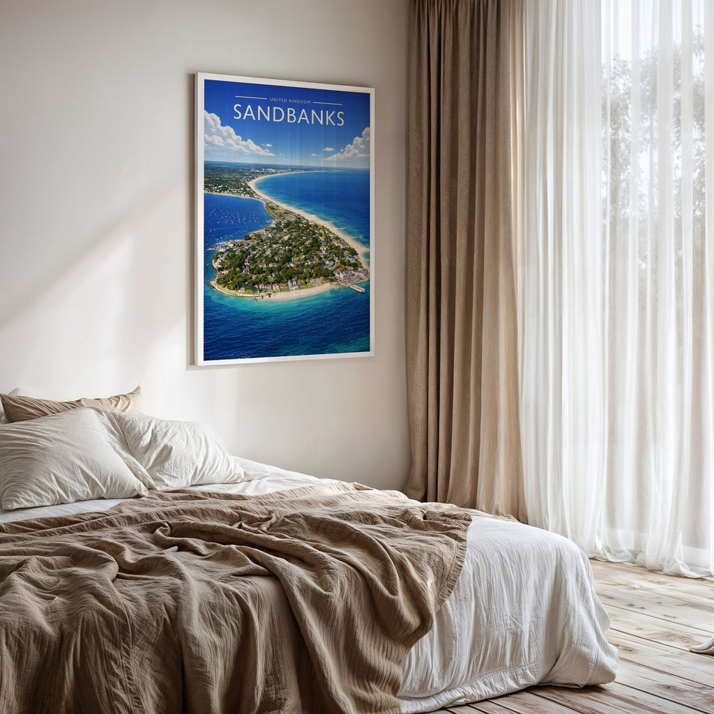Sandbanks #2 Travel Poster framed on a bedroom wall