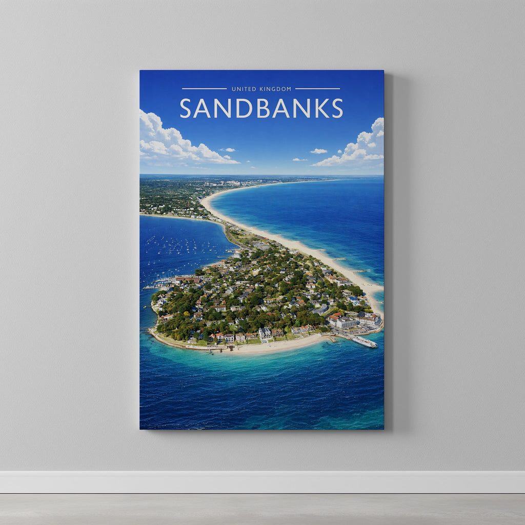 Sandbanks #2 Travel Poster as a gallery-wrapped canvas on a plain wall
