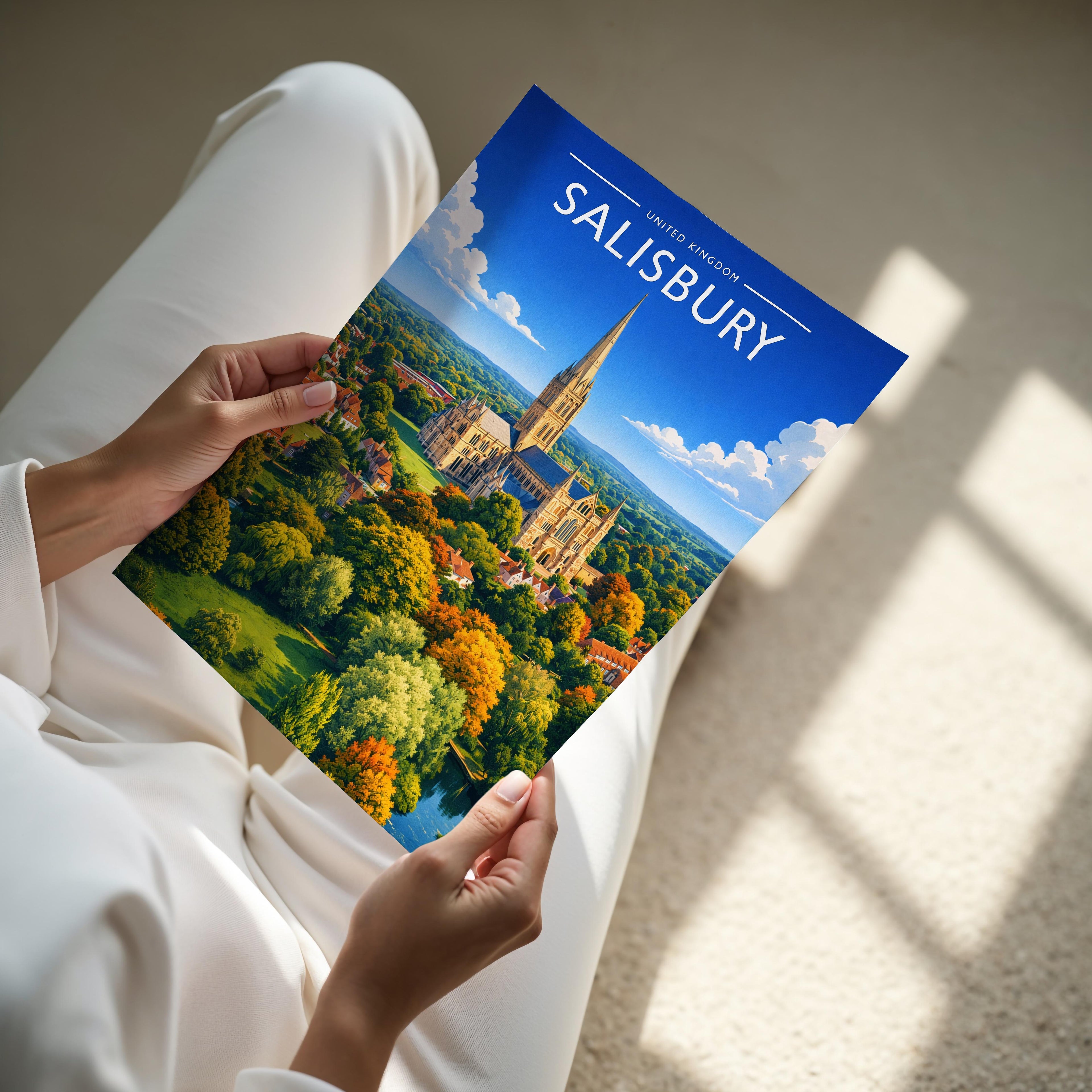 Salisbury Travel Poster - A4 print held in hand