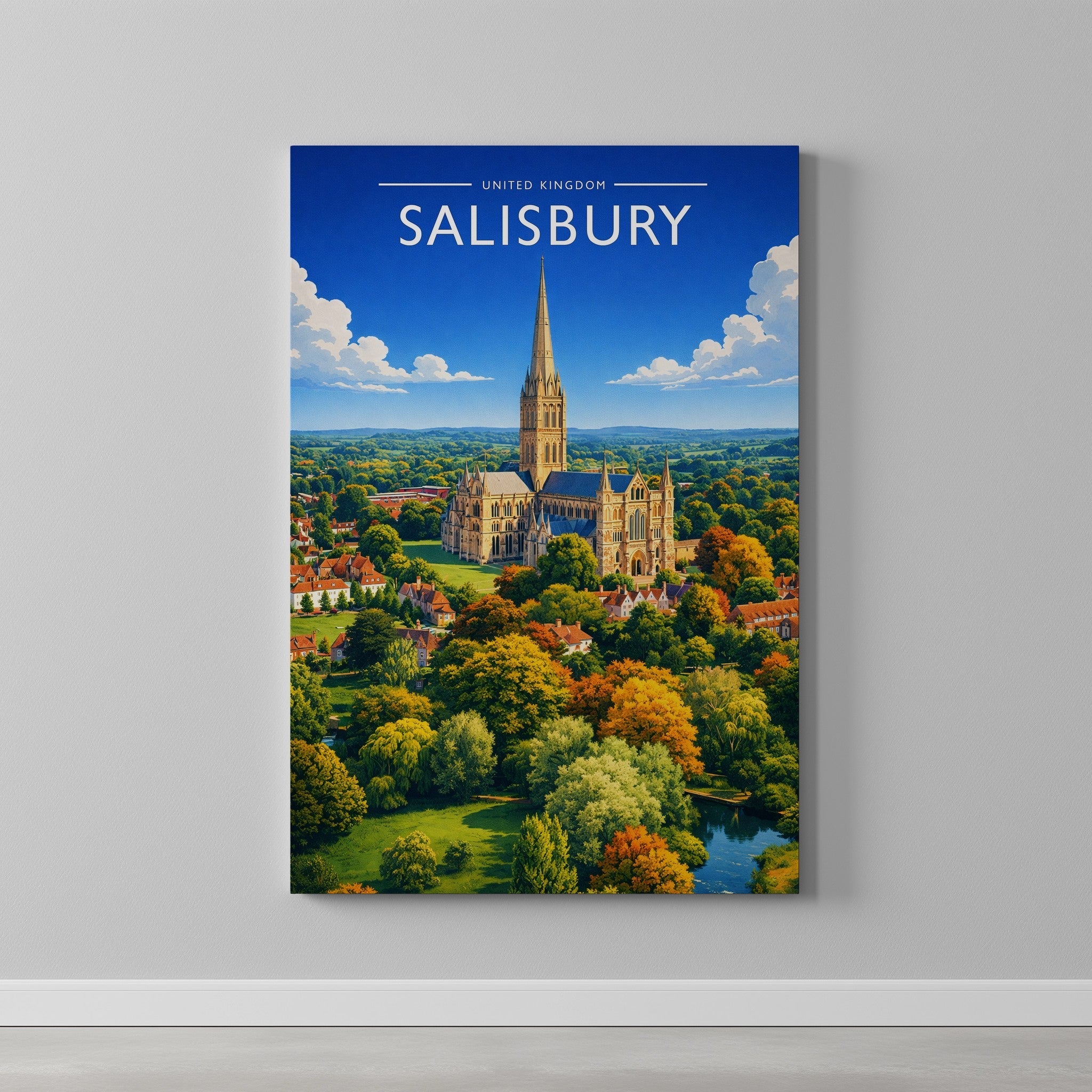 Salisbury Travel Poster as a gallery-wrapped canvas on a plain wall