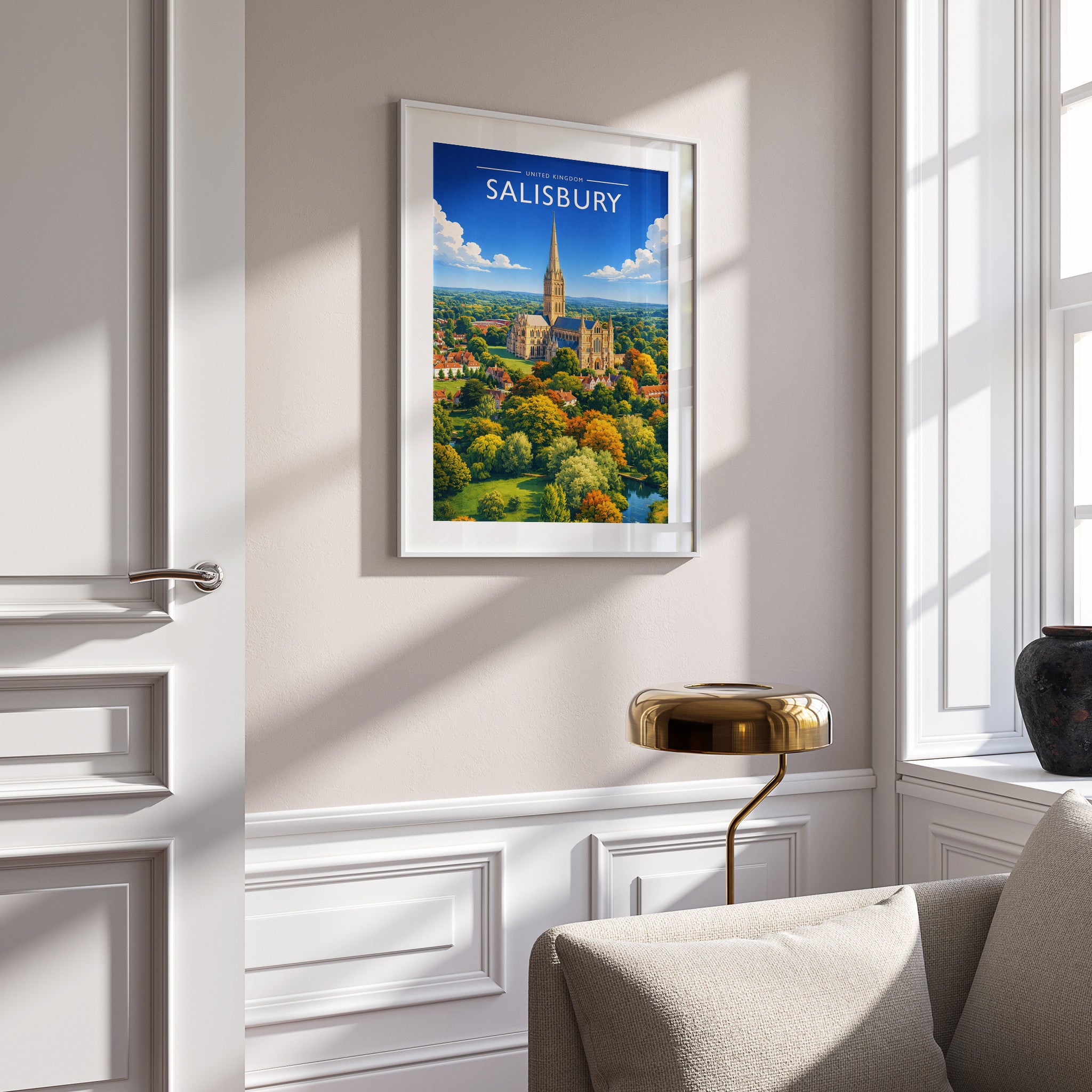 Salisbury Travel Poster in a white frame on a panelled wall