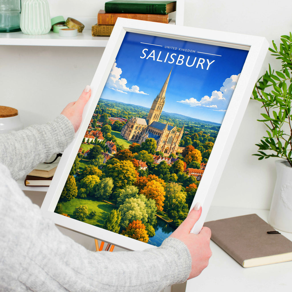 Salisbury Travel Poster in a white frame, held to show scale