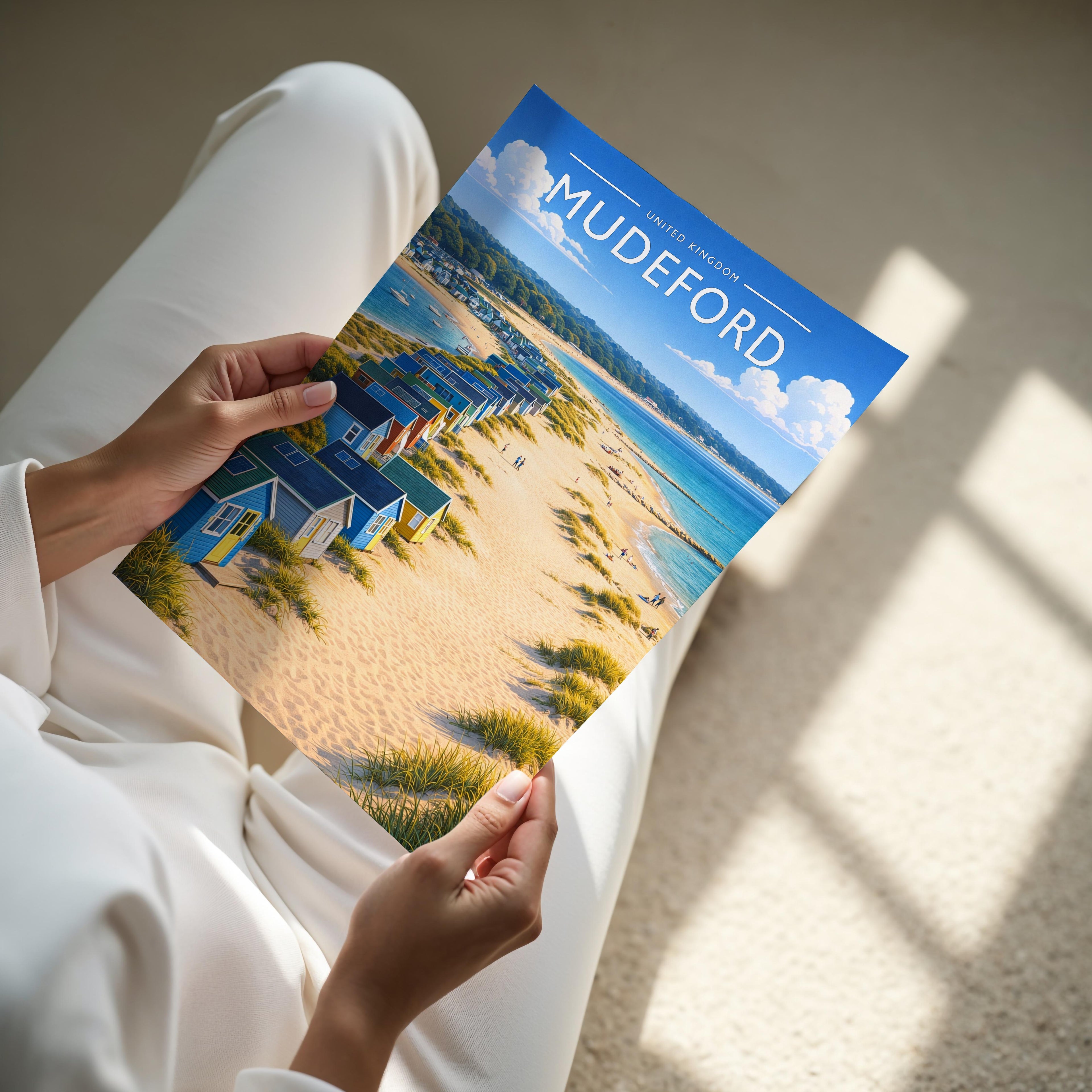Mudeford Travel Poster - A4 print held in hand