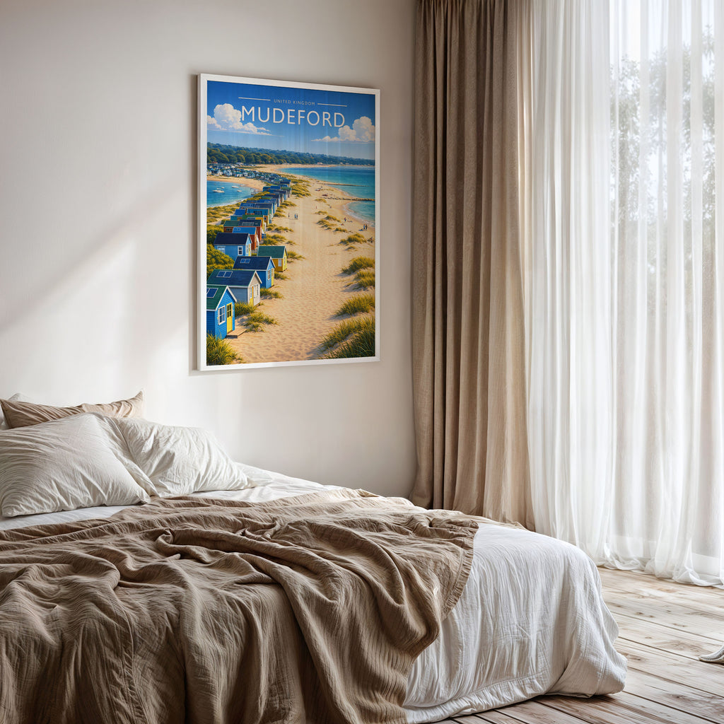 Mudeford Travel Poster framed on a bedroom wall