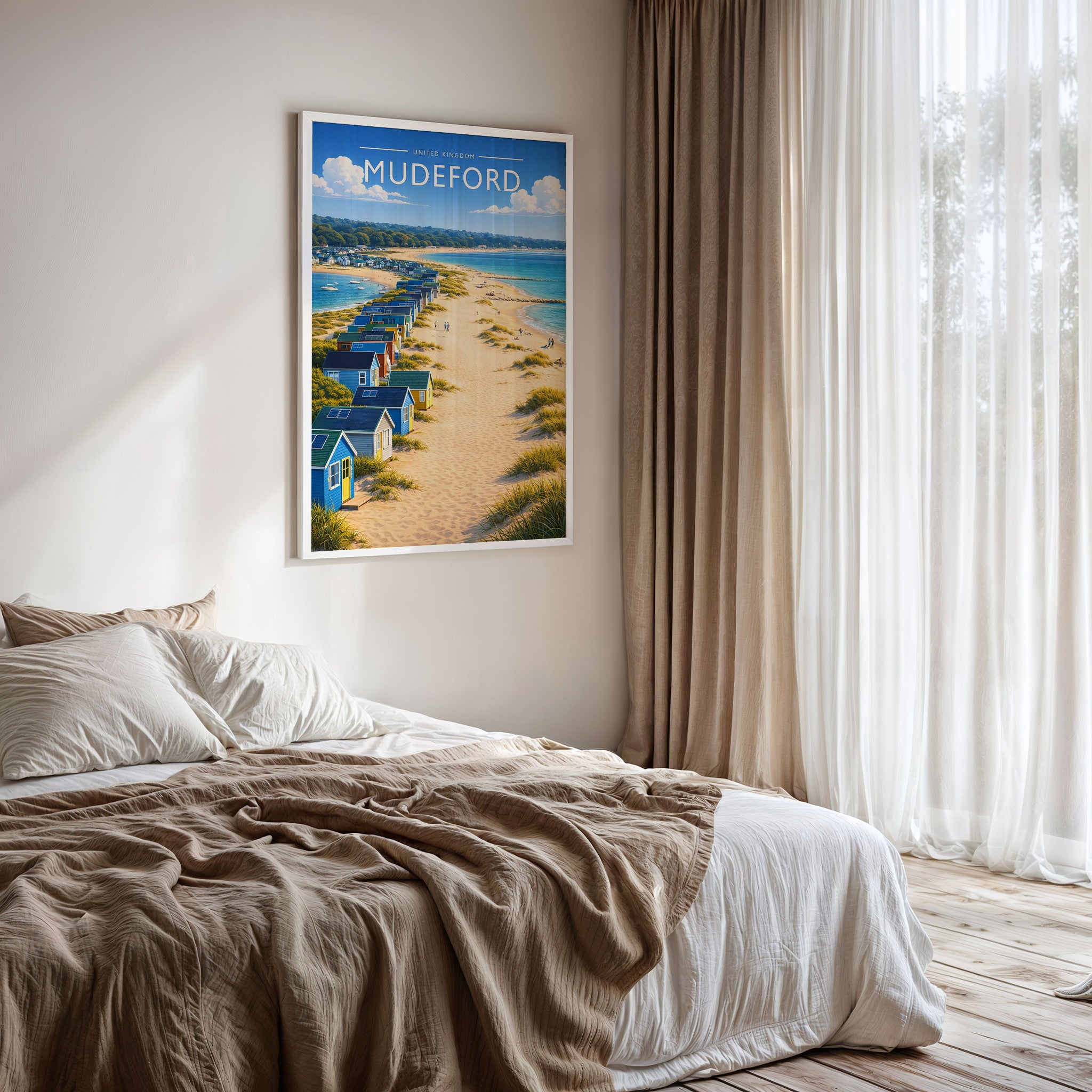 Mudeford Travel Poster framed on a bedroom wall