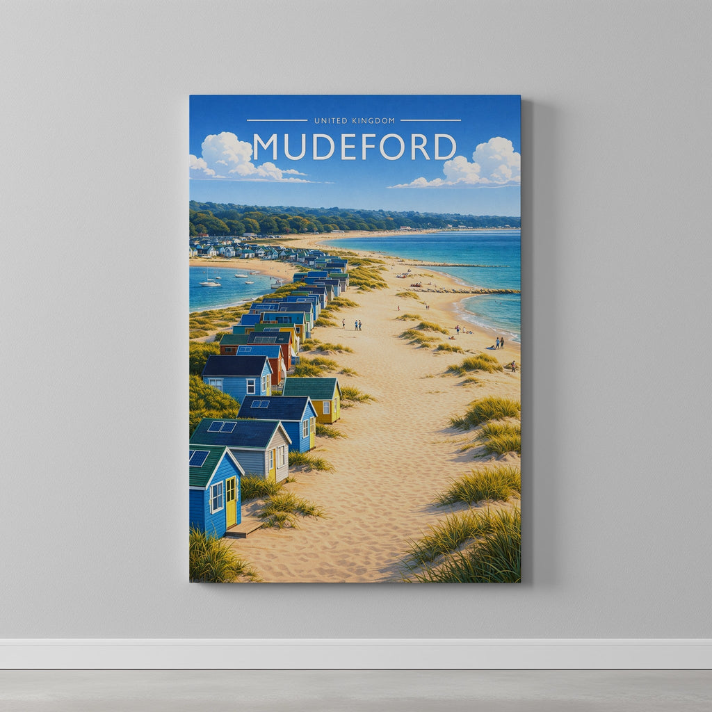 Mudeford Travel Poster as a gallery-wrapped canvas on a plain wall