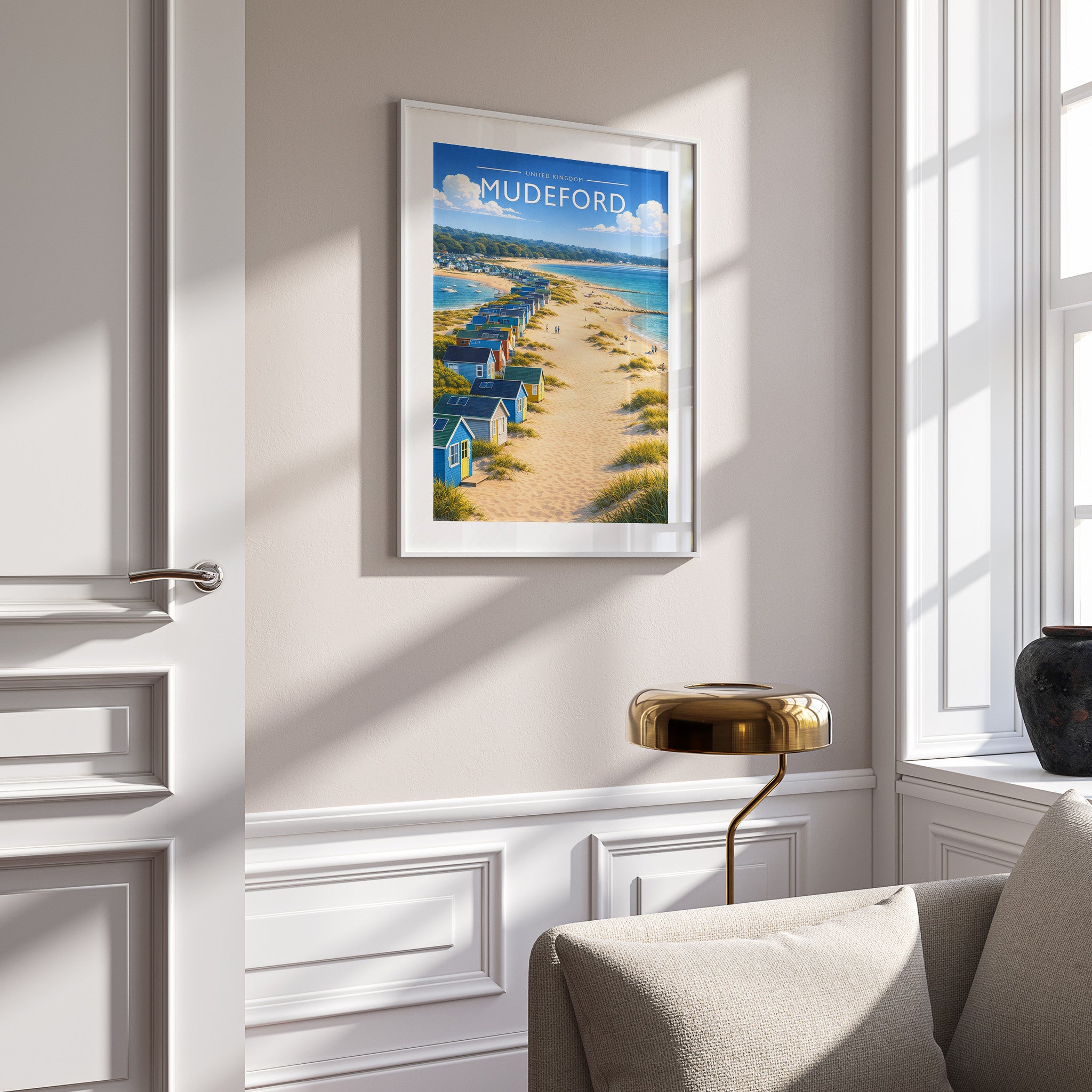 Mudeford Travel Poster in a white frame on a panelled wall