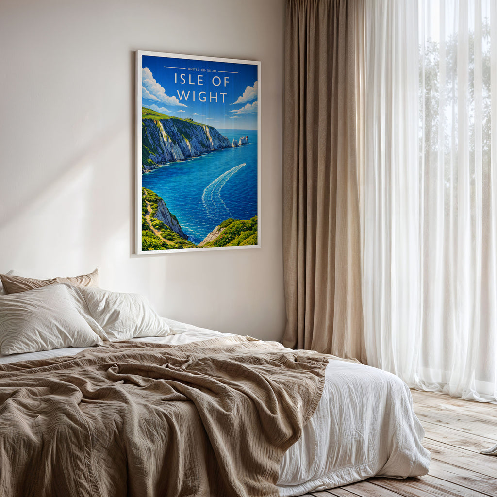 Isle of Wight #2 Travel Poster framed on a bedroom wall