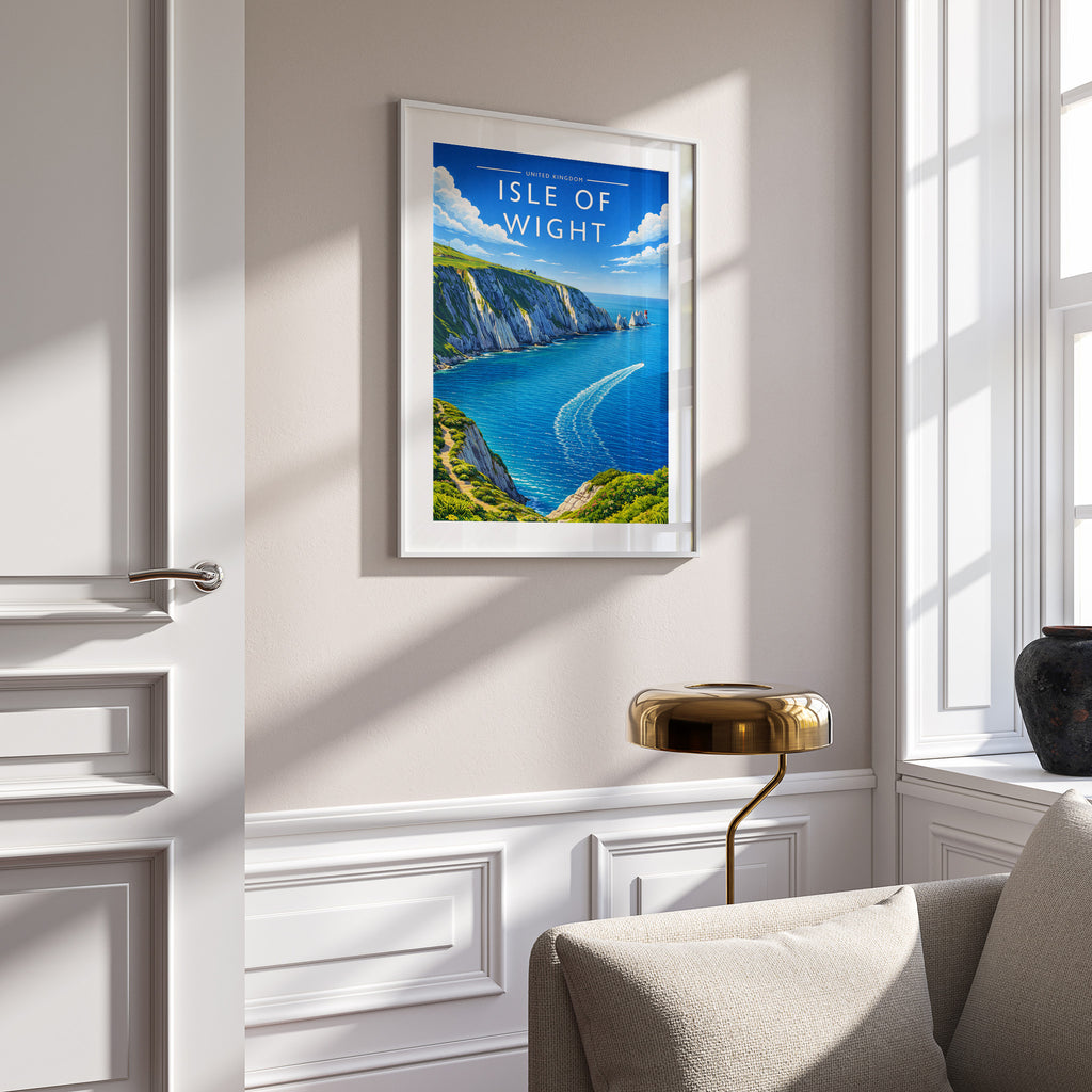 Isle of Wight #2 Travel Poster in a white frame on a panelled wall