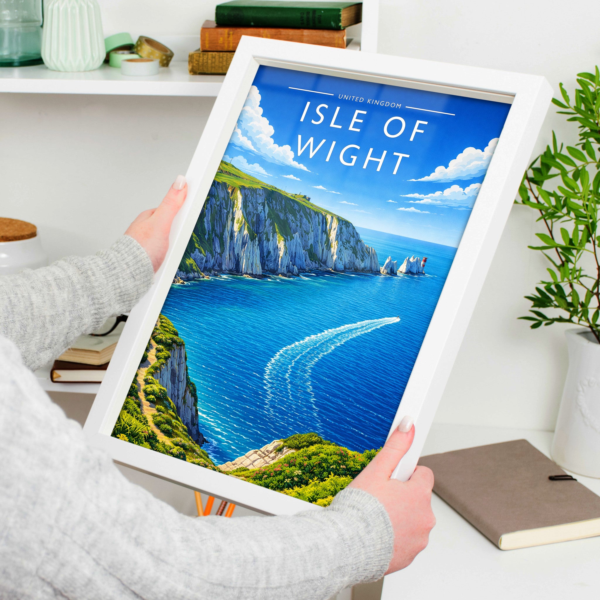 Isle of Wight #2 Travel Poster in a white frame, held to show scale