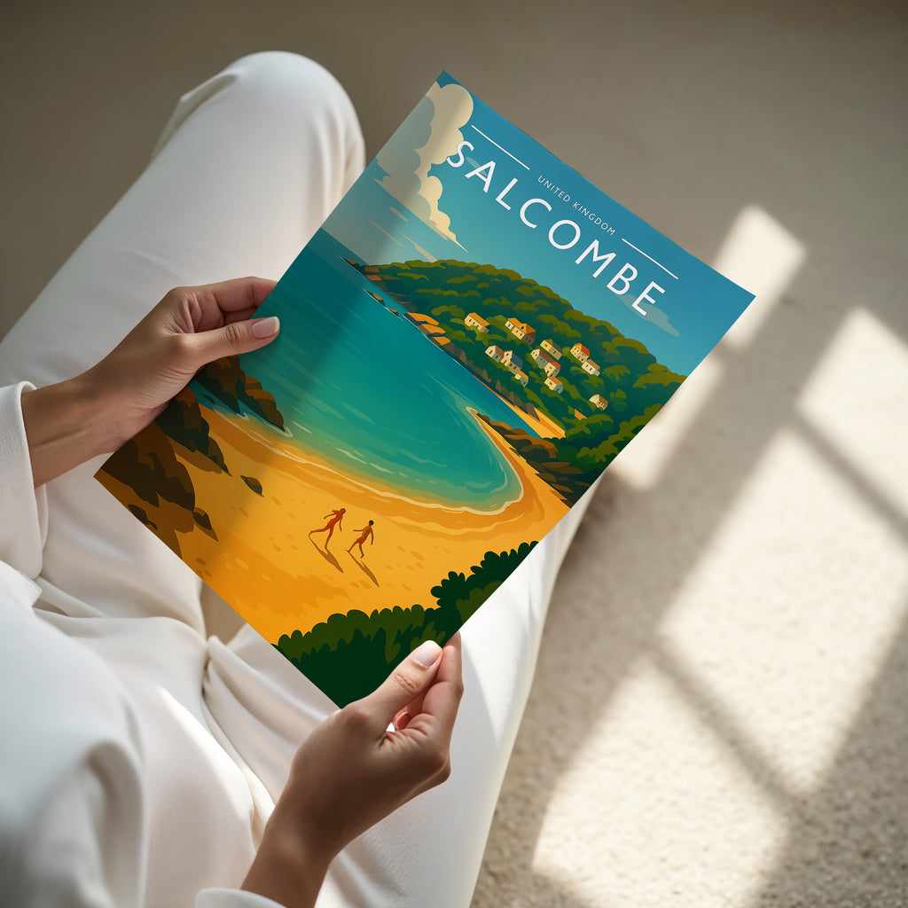 Salcombe Travel Poster - A4 print held in hand