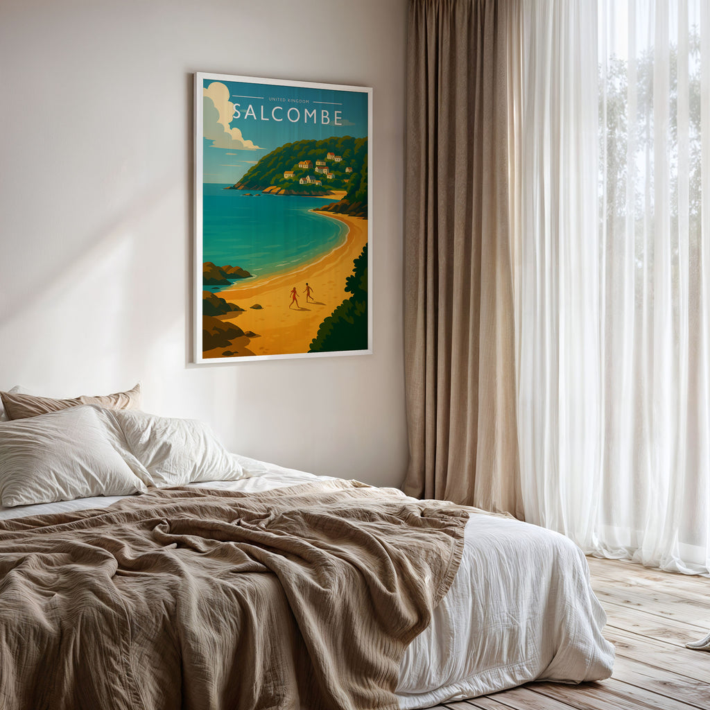 Salcombe Travel Poster framed on a bedroom wall
