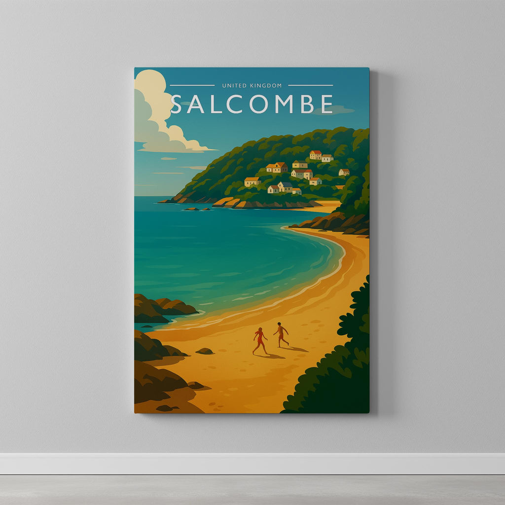 Salcombe Travel Poster as a gallery-wrapped canvas on a plain wall