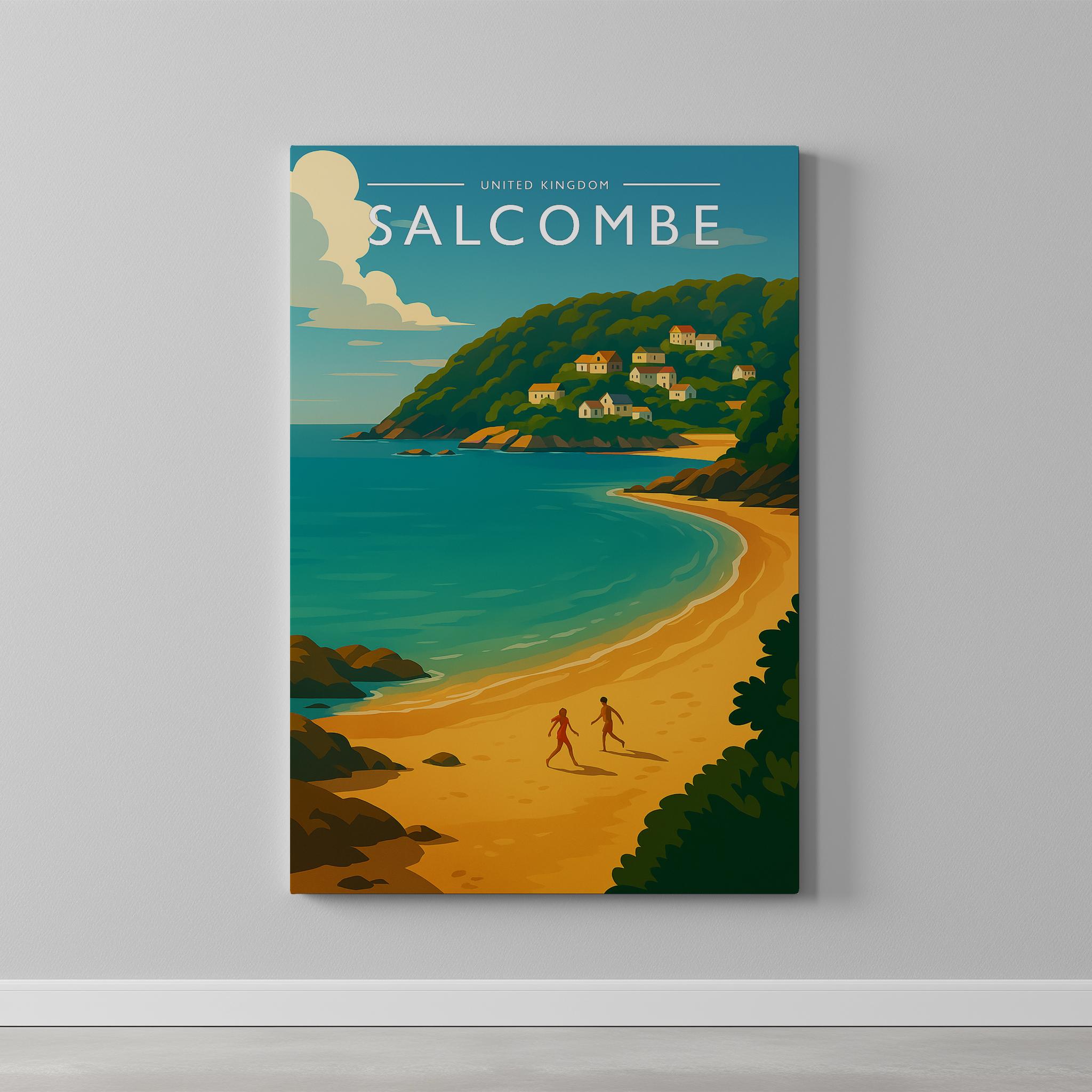 Salcombe Travel Poster as a gallery-wrapped canvas on a plain wall