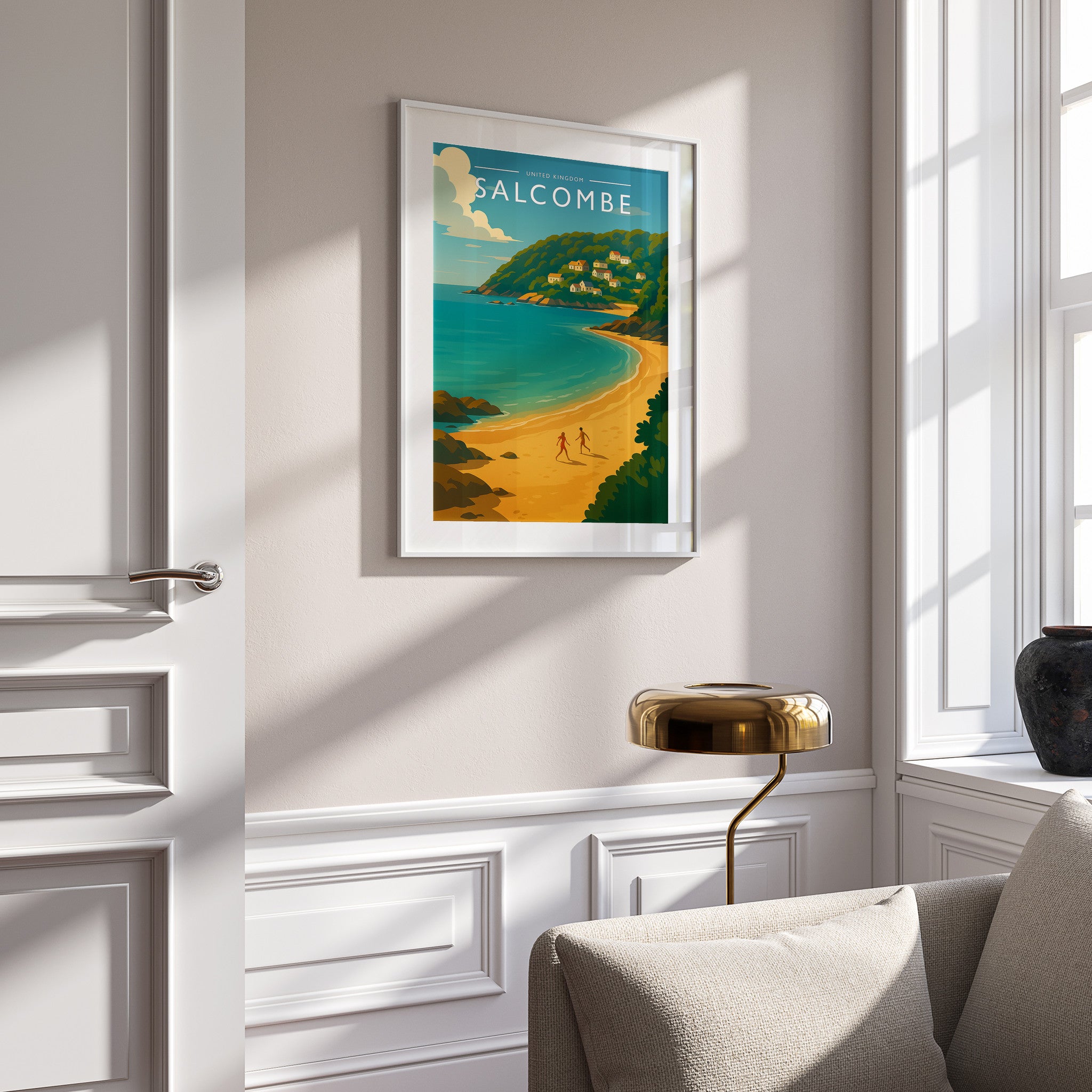 Salcombe Travel Poster in a white frame on a panelled wall
