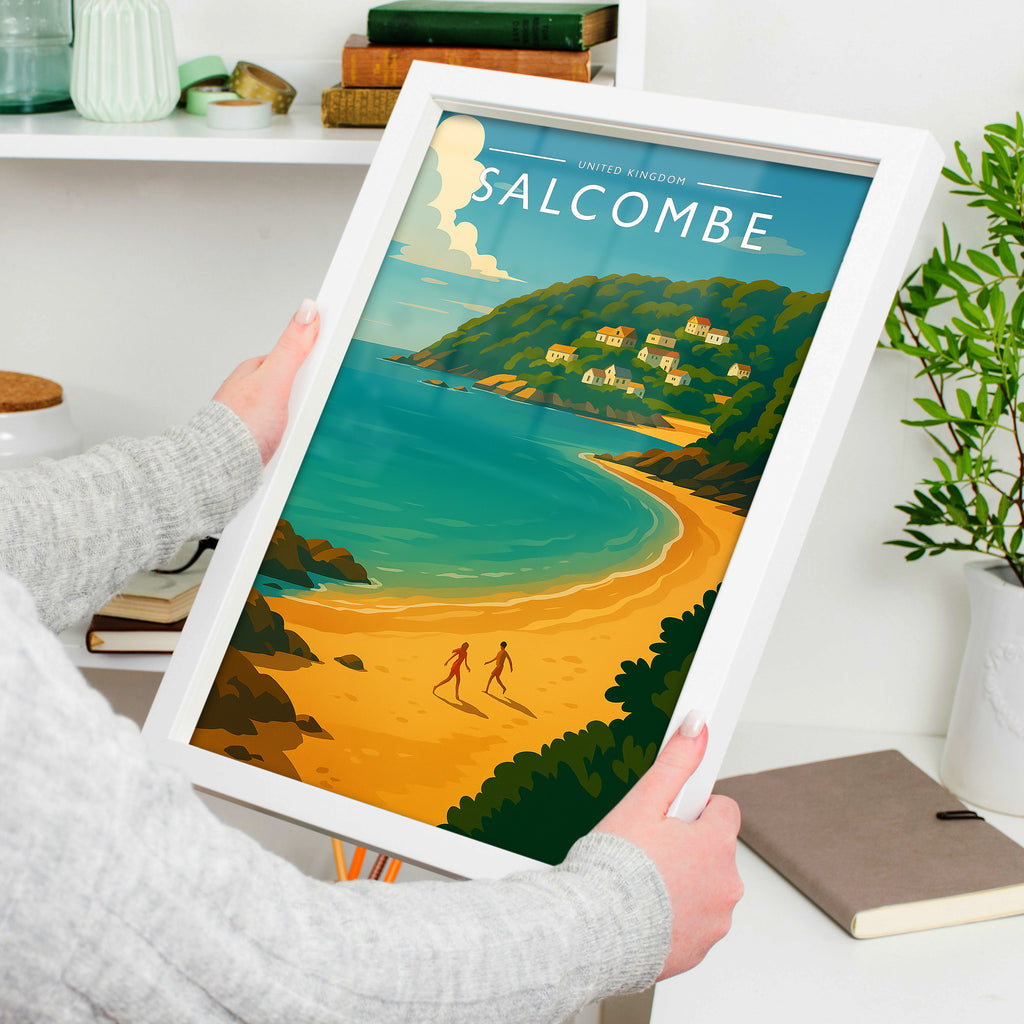 Salcombe Travel Poster in a white frame, held to show scale