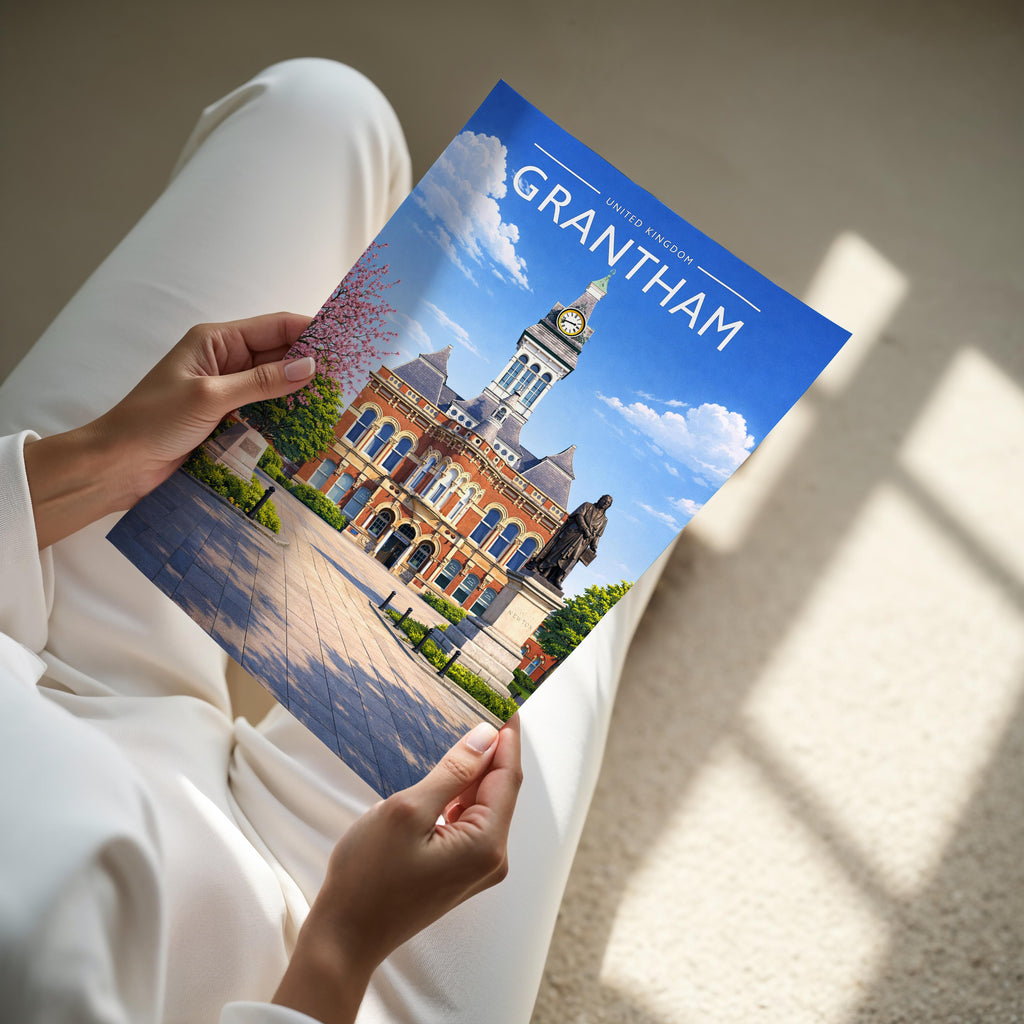 Grantham Travel Poster - A4 print held in hand