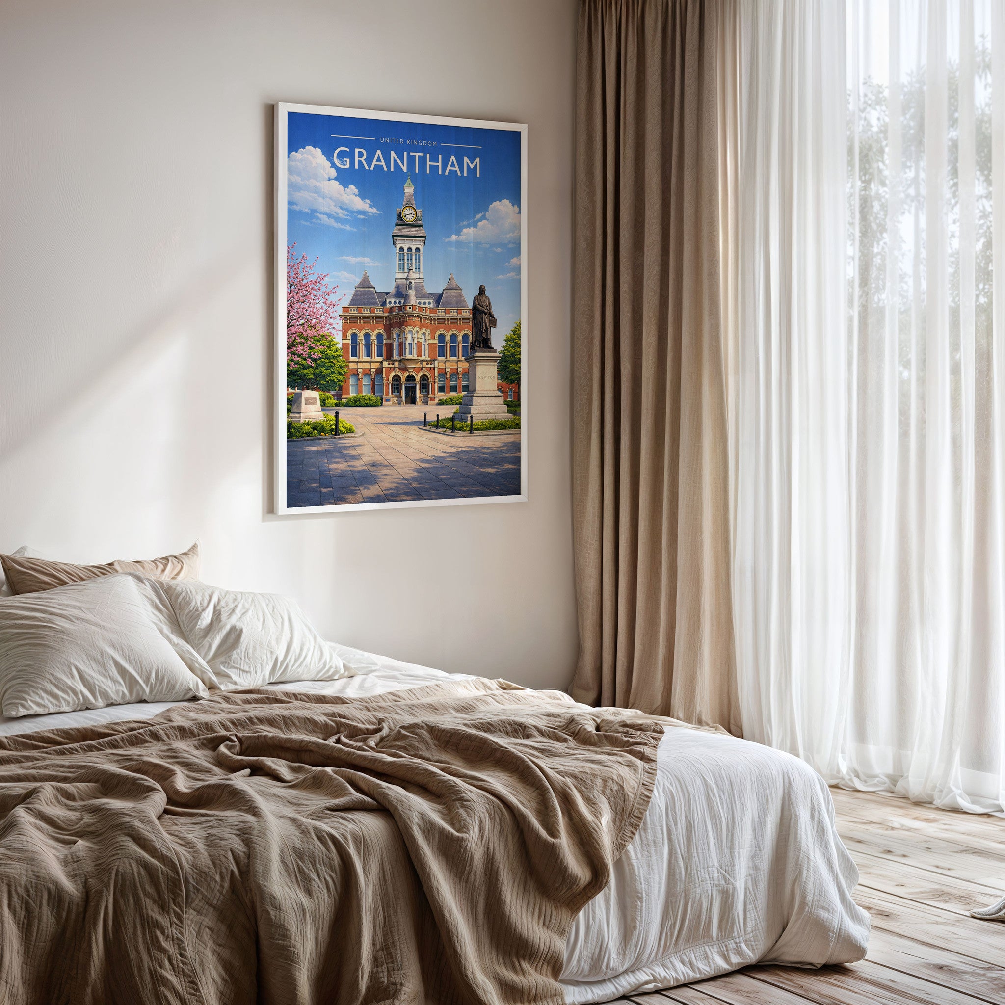 Grantham Travel Poster framed on a bedroom wall