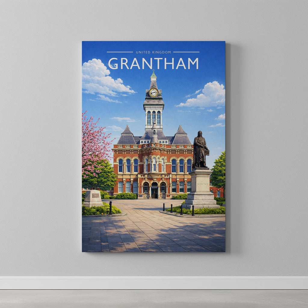 Grantham Travel Poster as a gallery-wrapped canvas on a plain wall