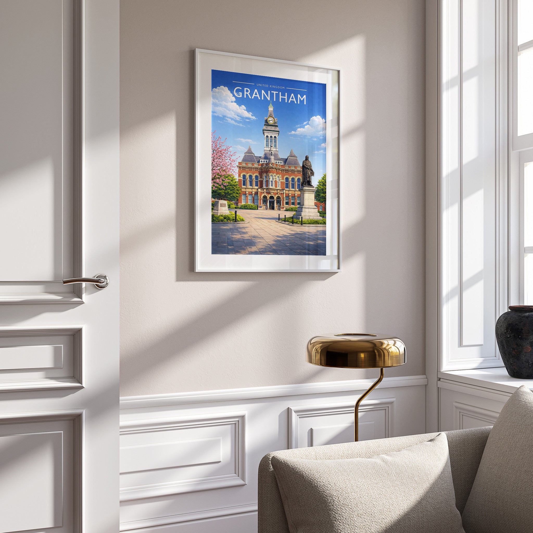 Grantham Travel Poster in a white frame on a panelled wall