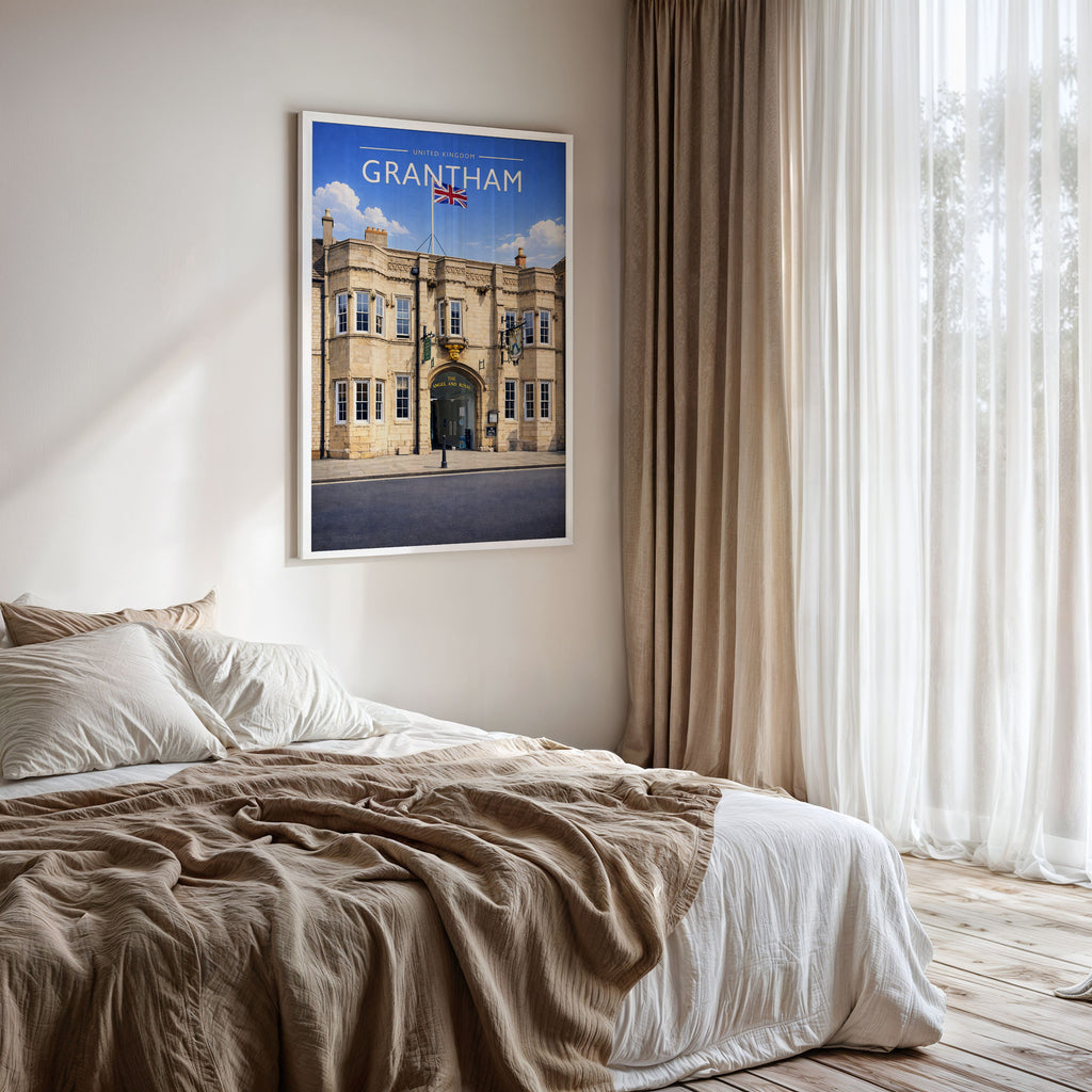Grantham #2 Travel Poster framed on a bedroom wall