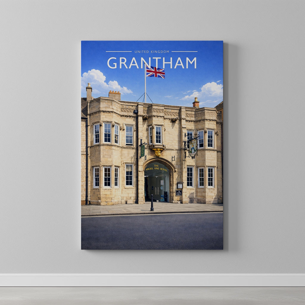 Grantham #2 Travel Poster as a gallery-wrapped canvas on a plain wall