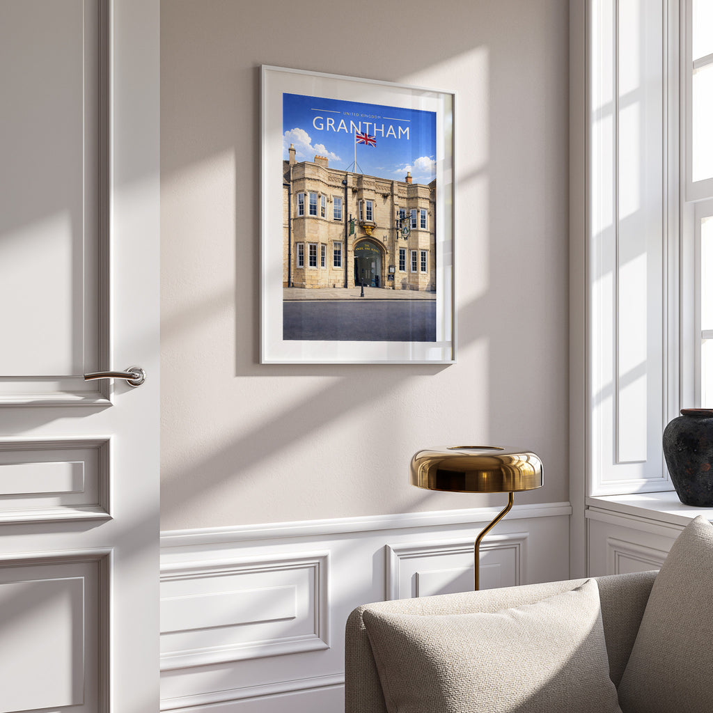 Grantham #2 Travel Poster in a white frame on a panelled wall