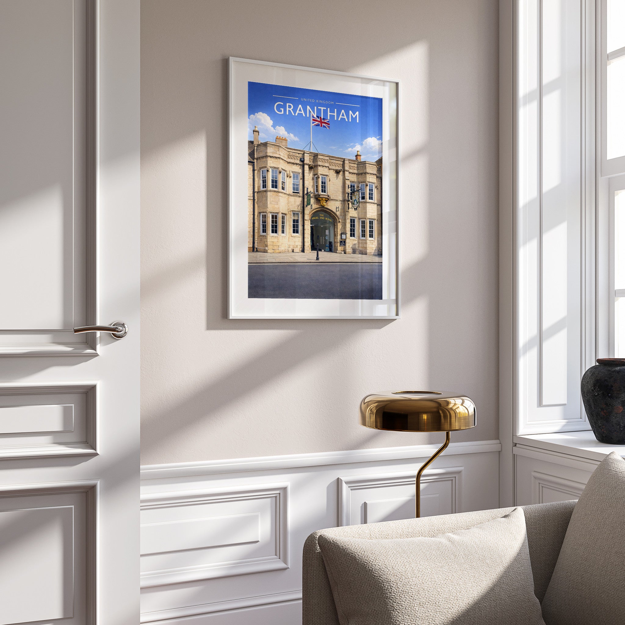 Grantham #2 Travel Poster in a white frame on a panelled wall