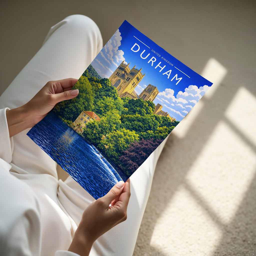 Durham Travel Poster - A4 print held in hand