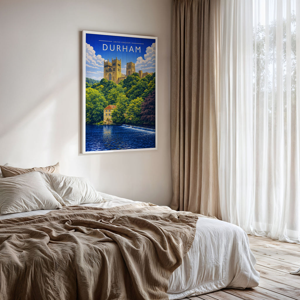 Durham Travel Poster framed on a bedroom wall