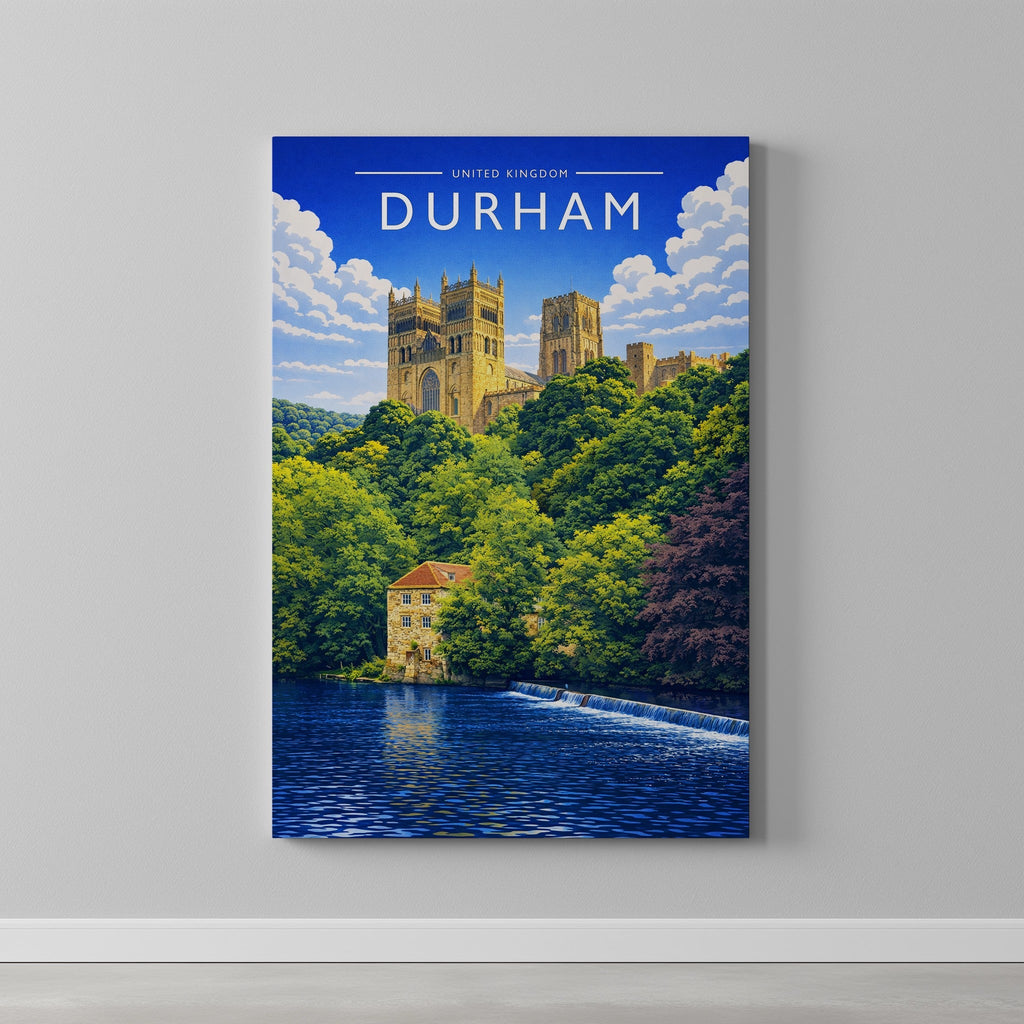 Durham Travel Poster as a gallery-wrapped canvas on a plain wall