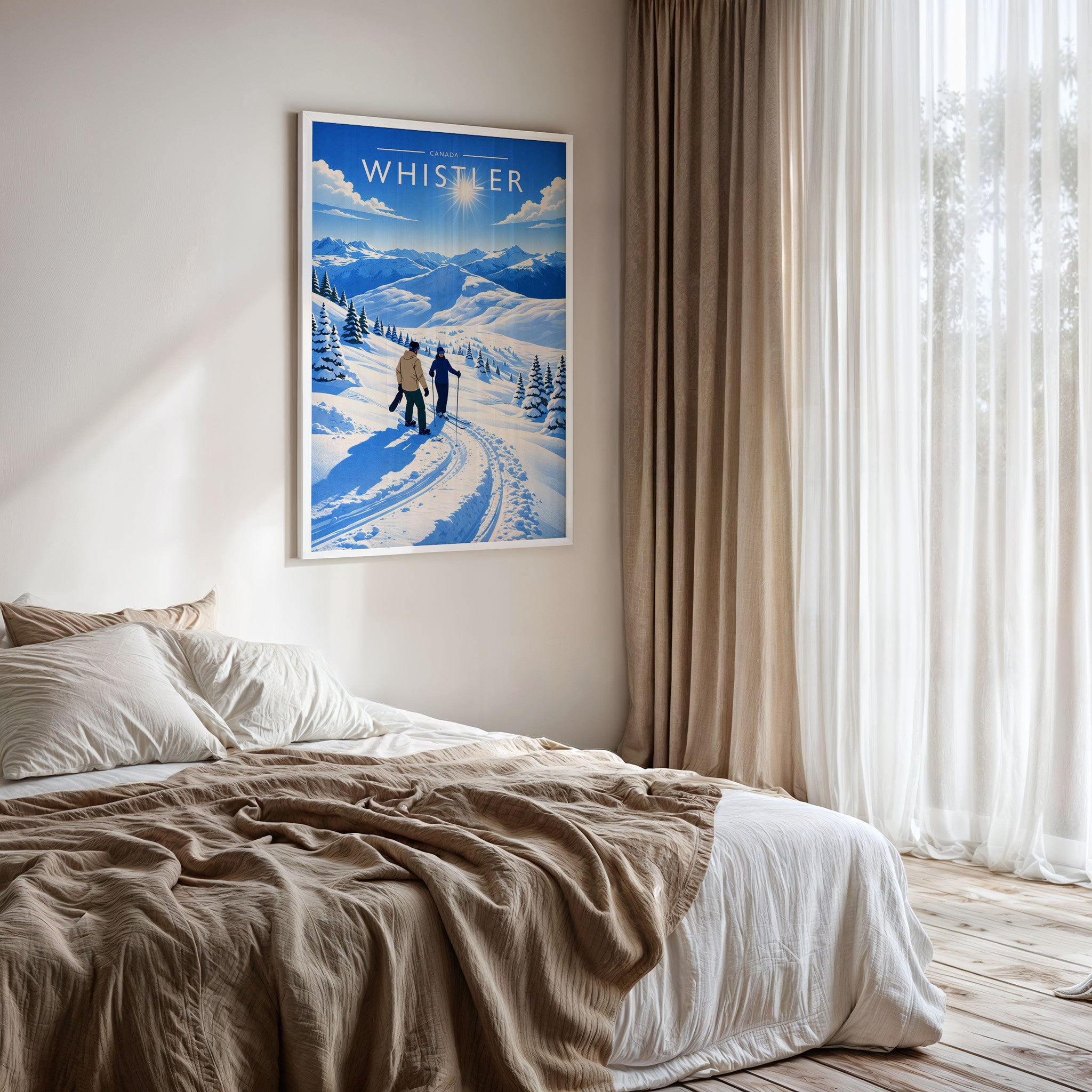 Whistler Travel Poster framed on a bedroom wall
