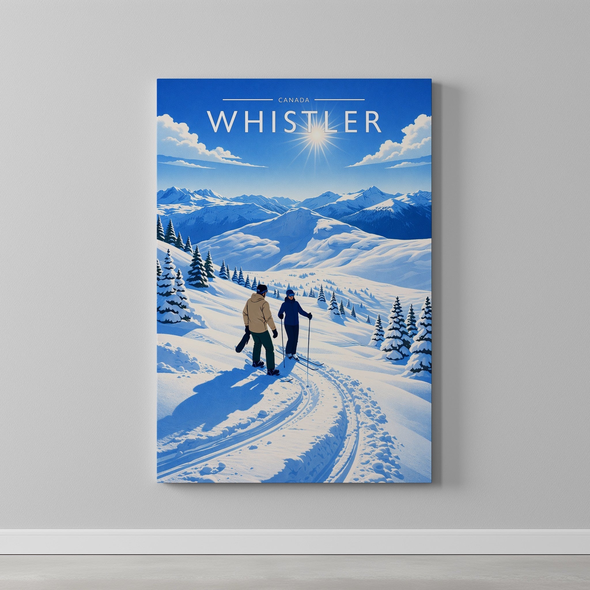 Whistler Travel Poster as a gallery-wrapped canvas on a plain wall