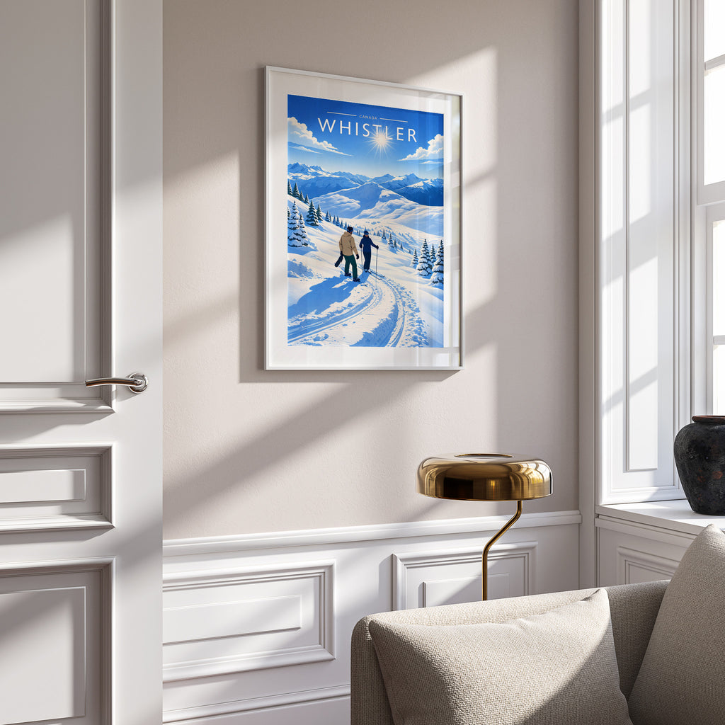 Whistler Travel Poster in a white frame on a panelled wall