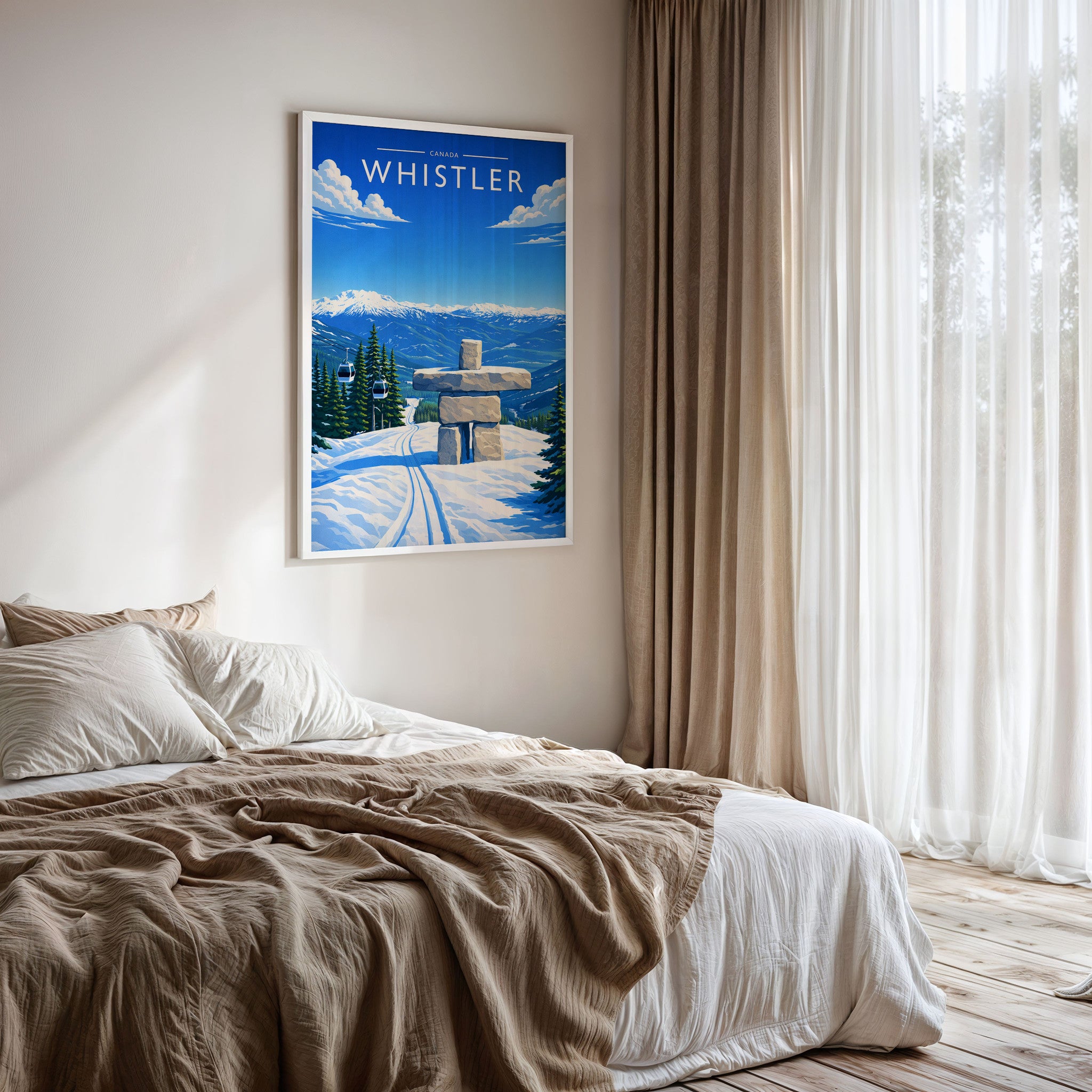 Whistler #2 Travel Poster framed on a bedroom wall