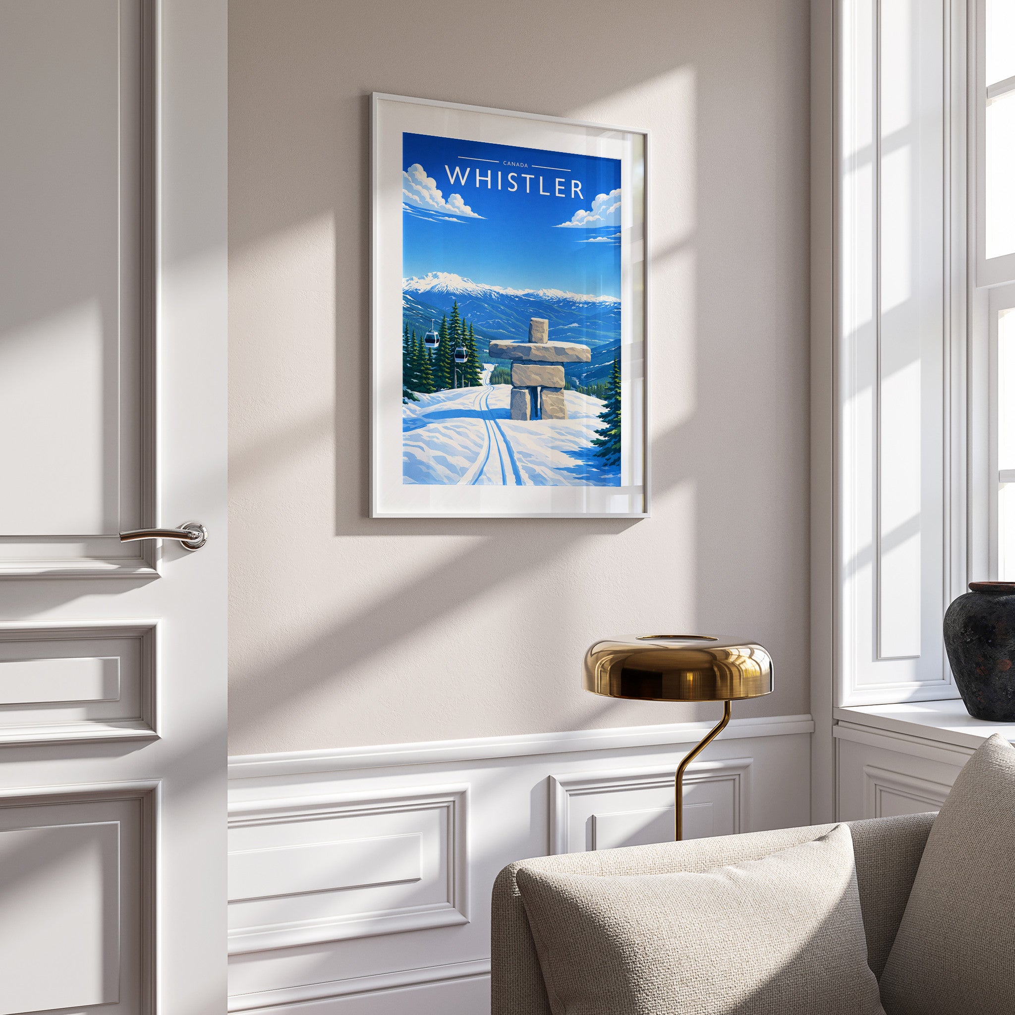 Whistler #2 Travel Poster in a white frame on a panelled wall