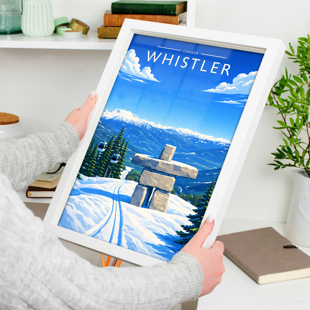 Whistler #2 Travel Poster in a white frame, held to show scale