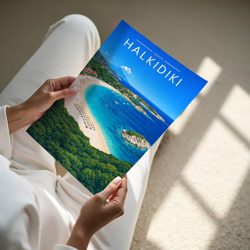 Halkidiki Travel Poster - A4 print held in hand