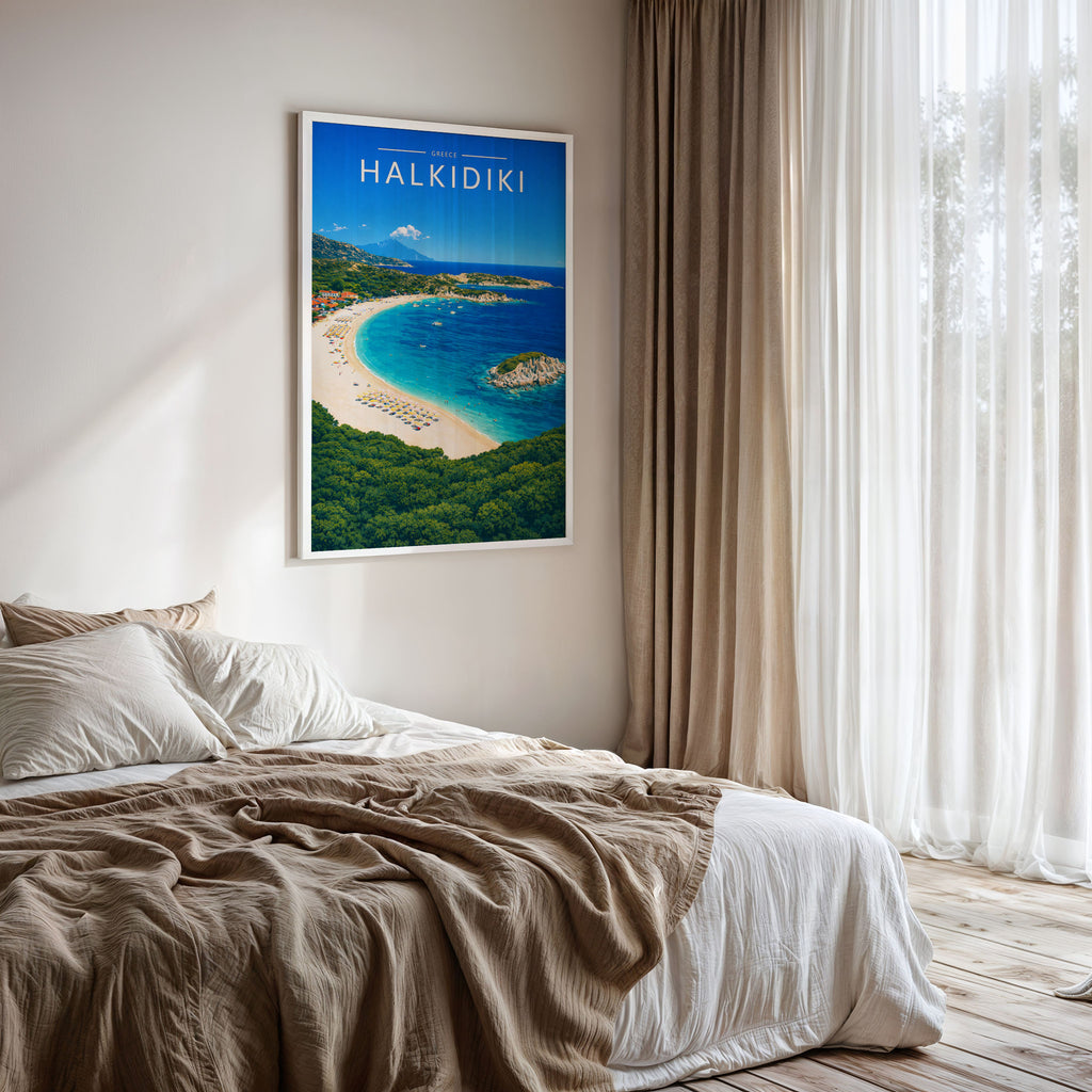 Halkidiki Travel Poster framed on a bedroom wall
