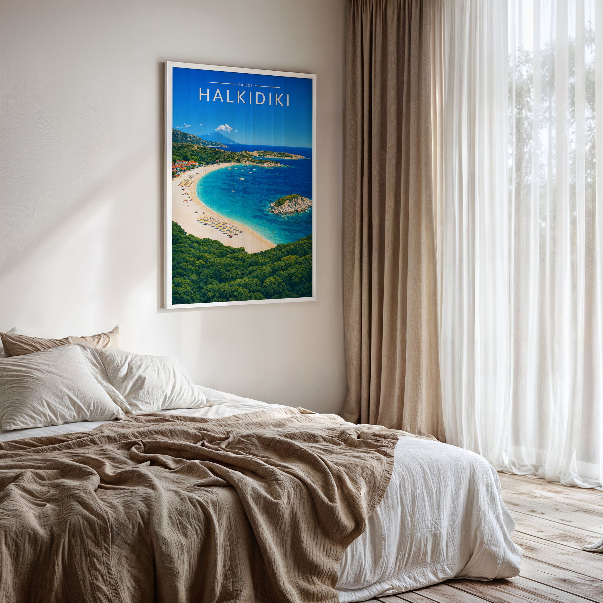 Halkidiki Travel Poster framed on a bedroom wall