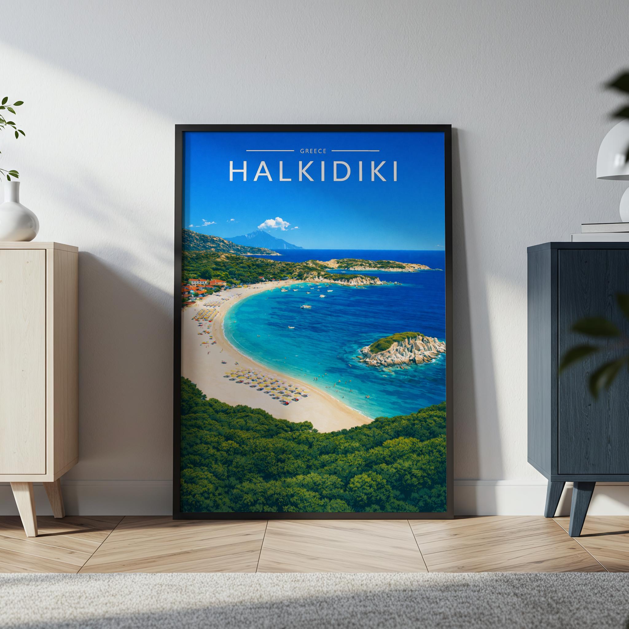 Halkidiki Travel Poster in a black frame